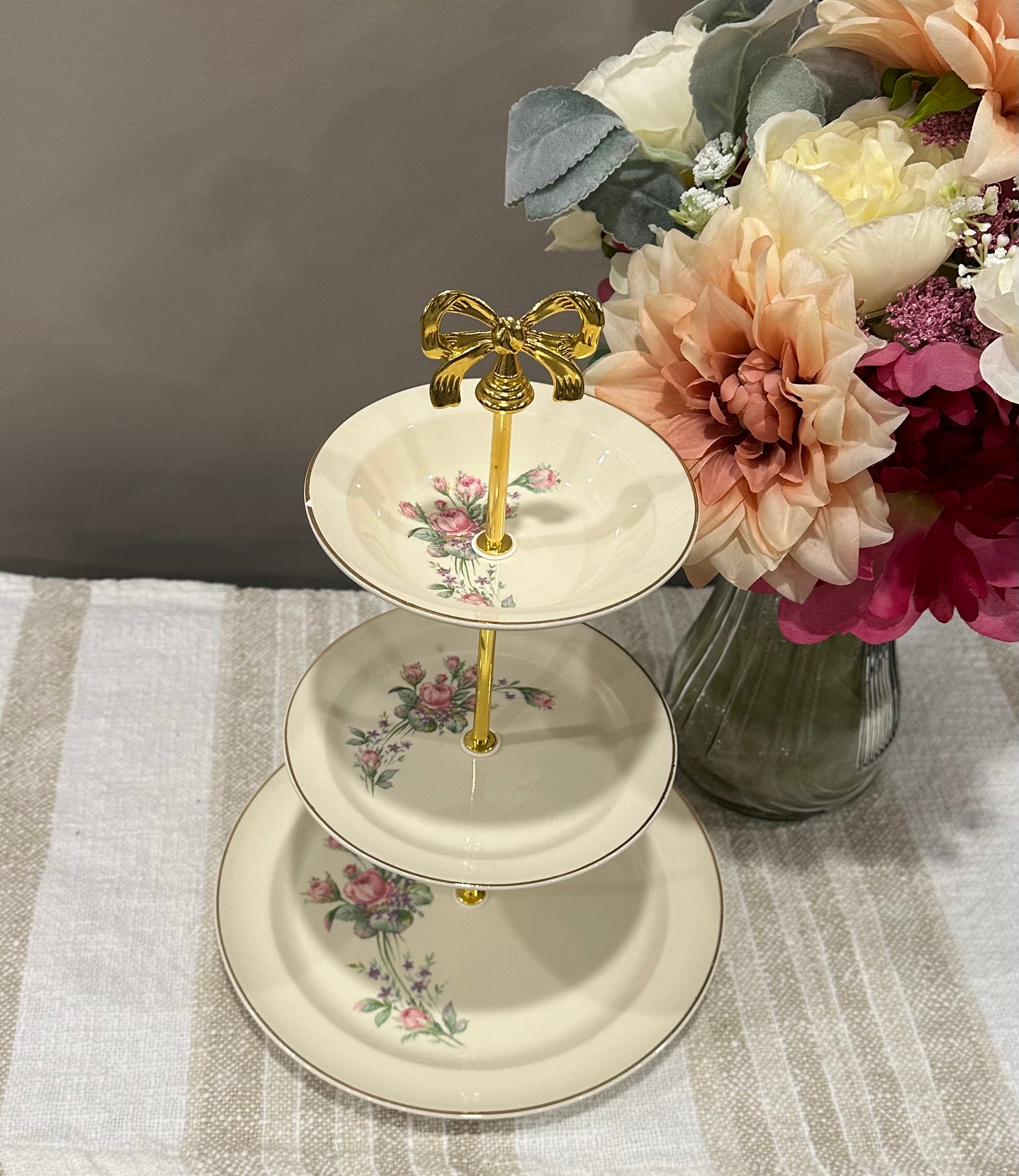 Vintage Three-Tier Plate Stand - Pink Florals with Gold Edging and Gold Hardware