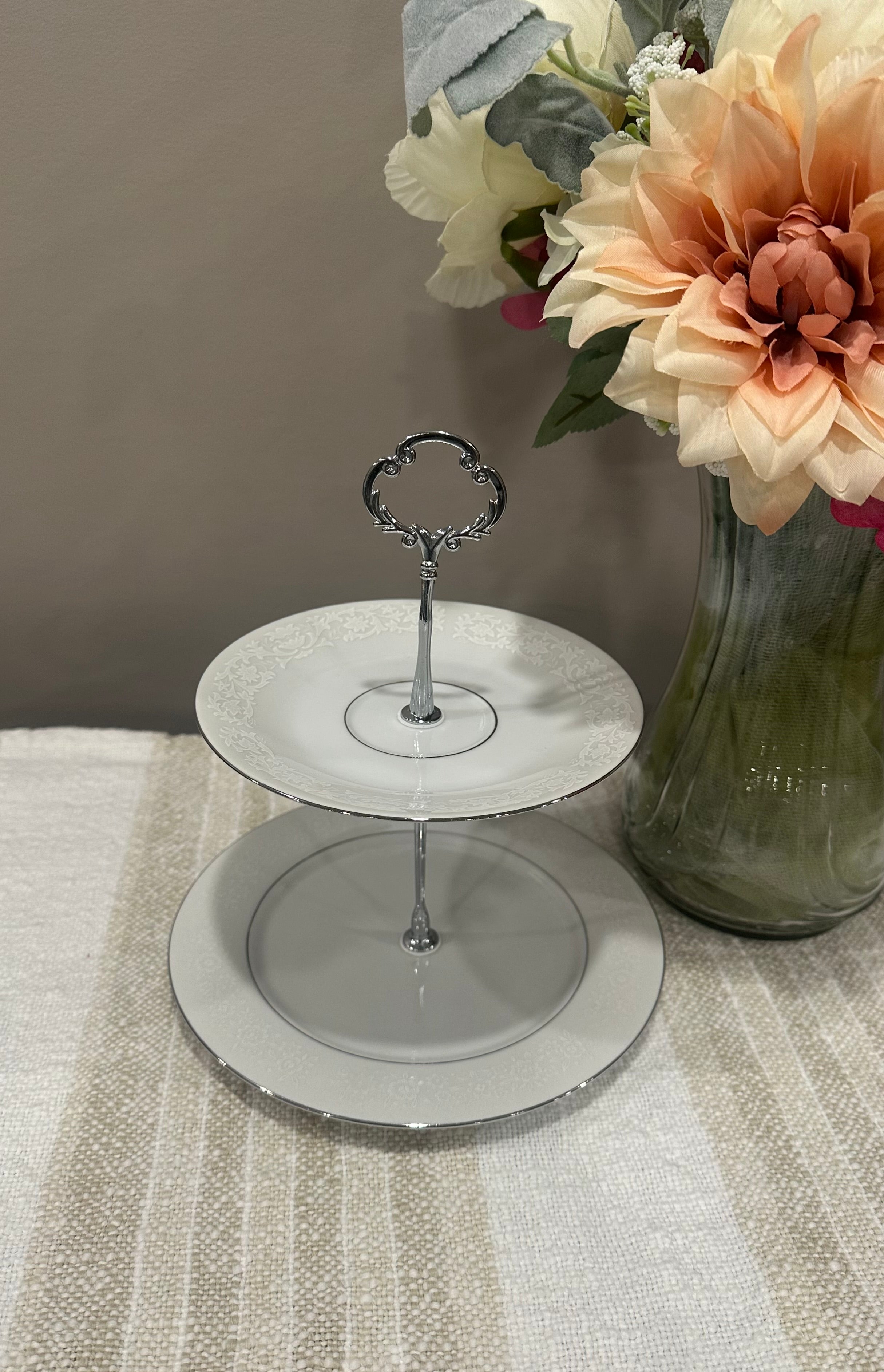 Vintage Two-Tier Plate Stand with Silver Hardware