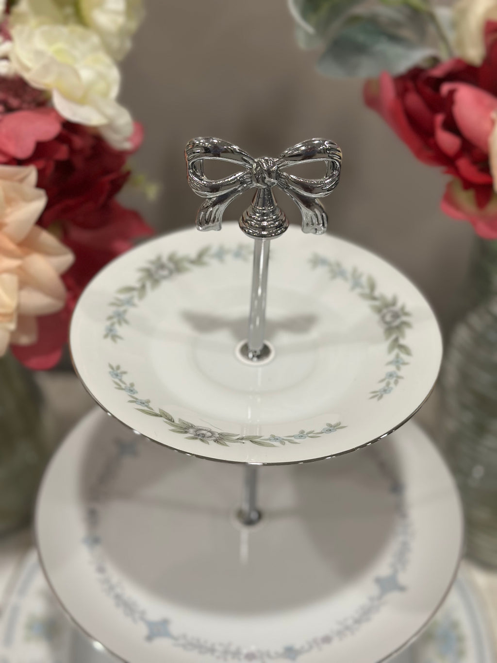 Vintage Three-Tier Plate Stand - Blue Florals with Silver Hardware