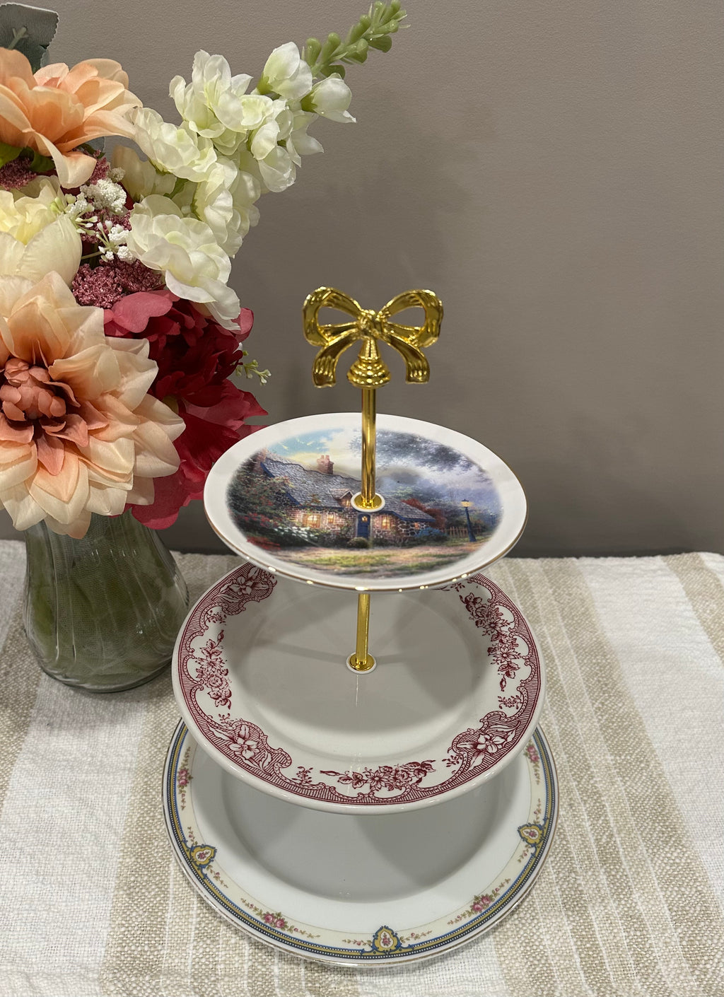 Vintage Three-Tier Plate Stand - Gold Edging and Gold Hardware