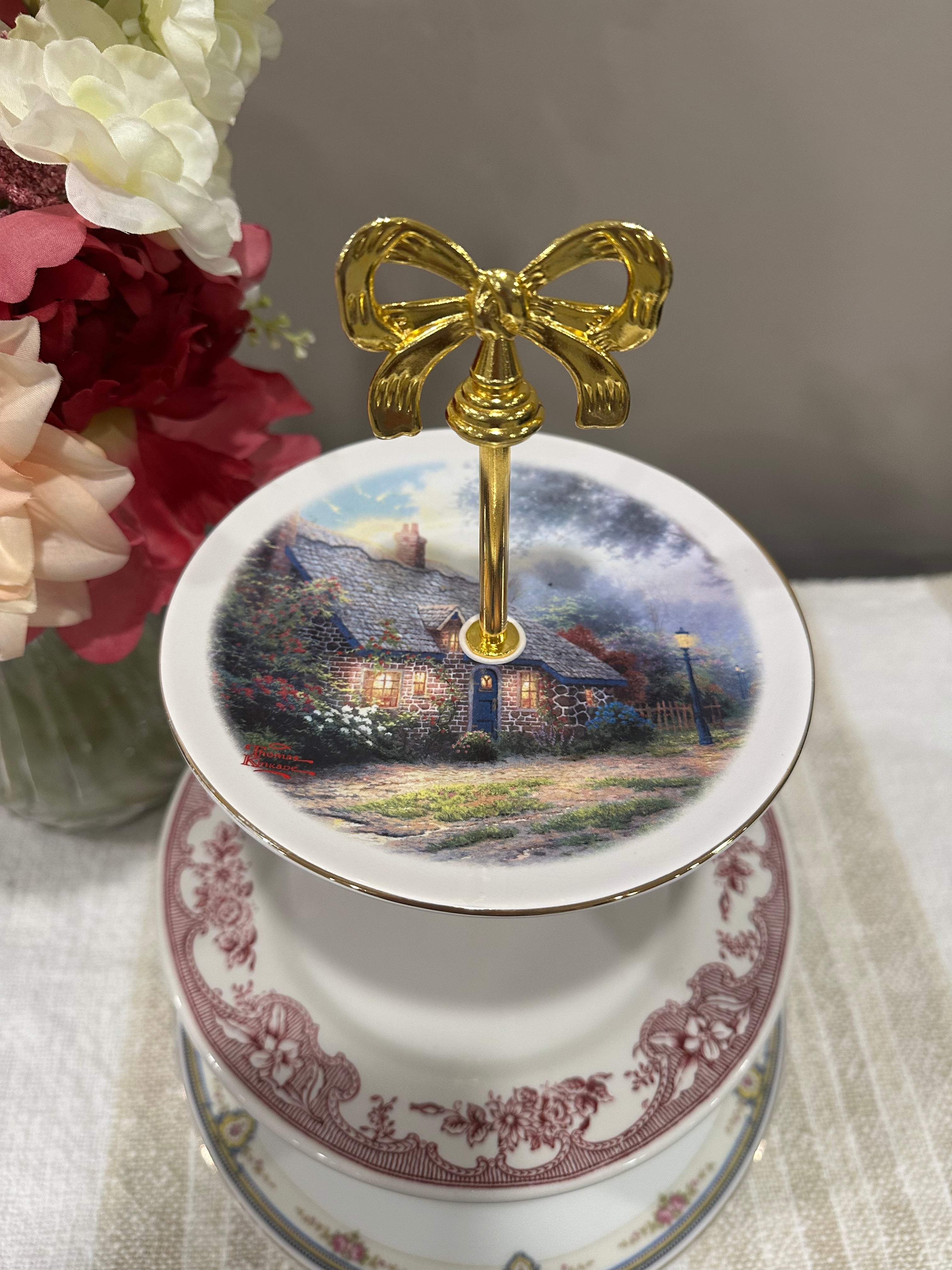 Vintage Three-Tier Plate Stand - Gold Edging and Gold Hardware