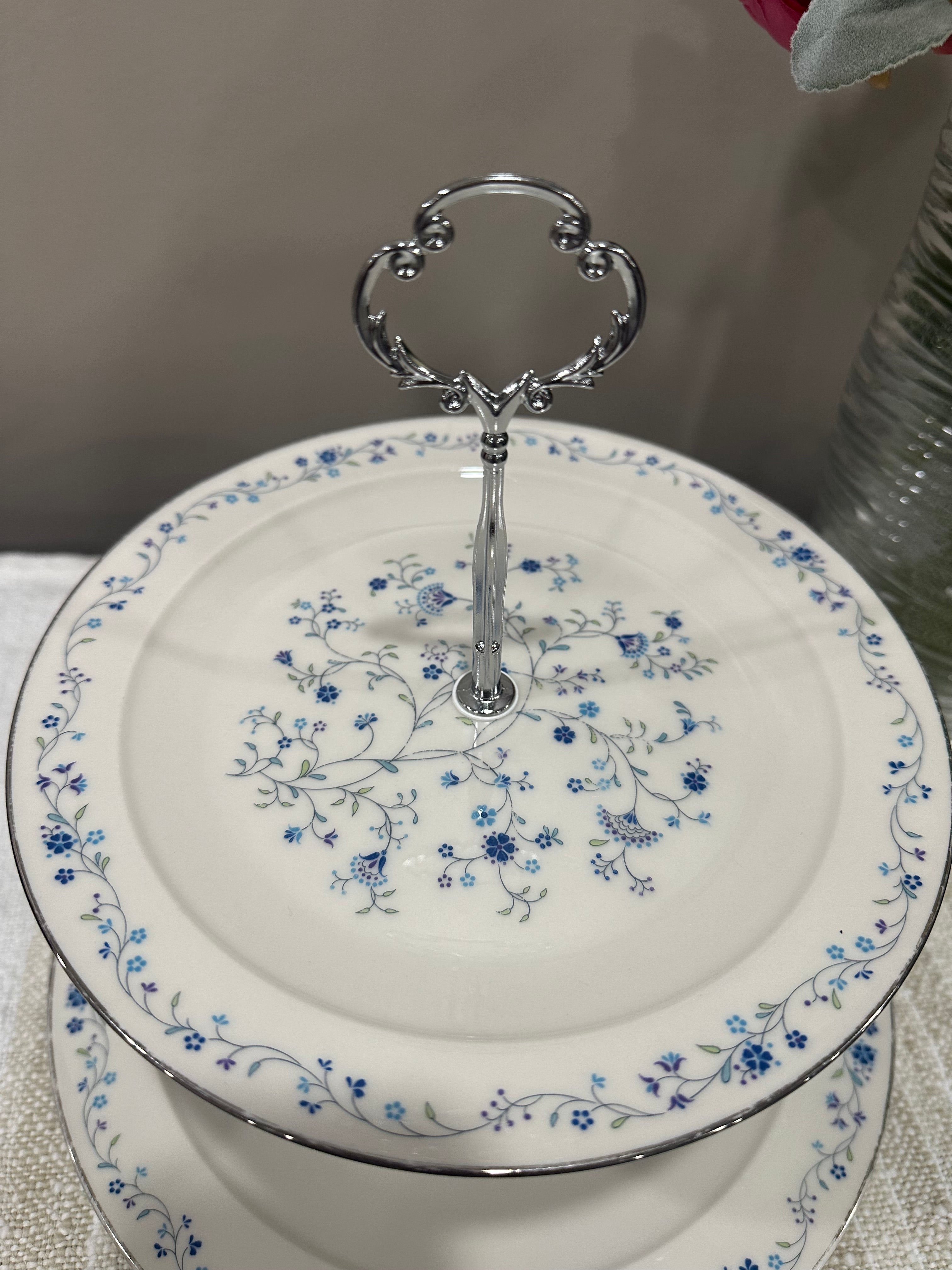 Vintage Two-Tier Plate Stand - Blue Florals with Silver Hardware