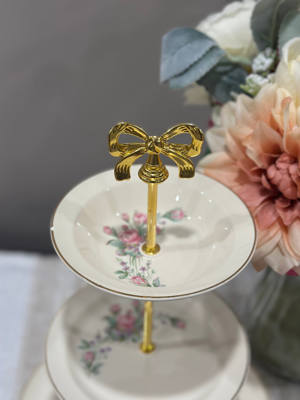 Vintage Three-Tier Plate Stand - Pink Florals with Gold Edging and Gold Hardware
