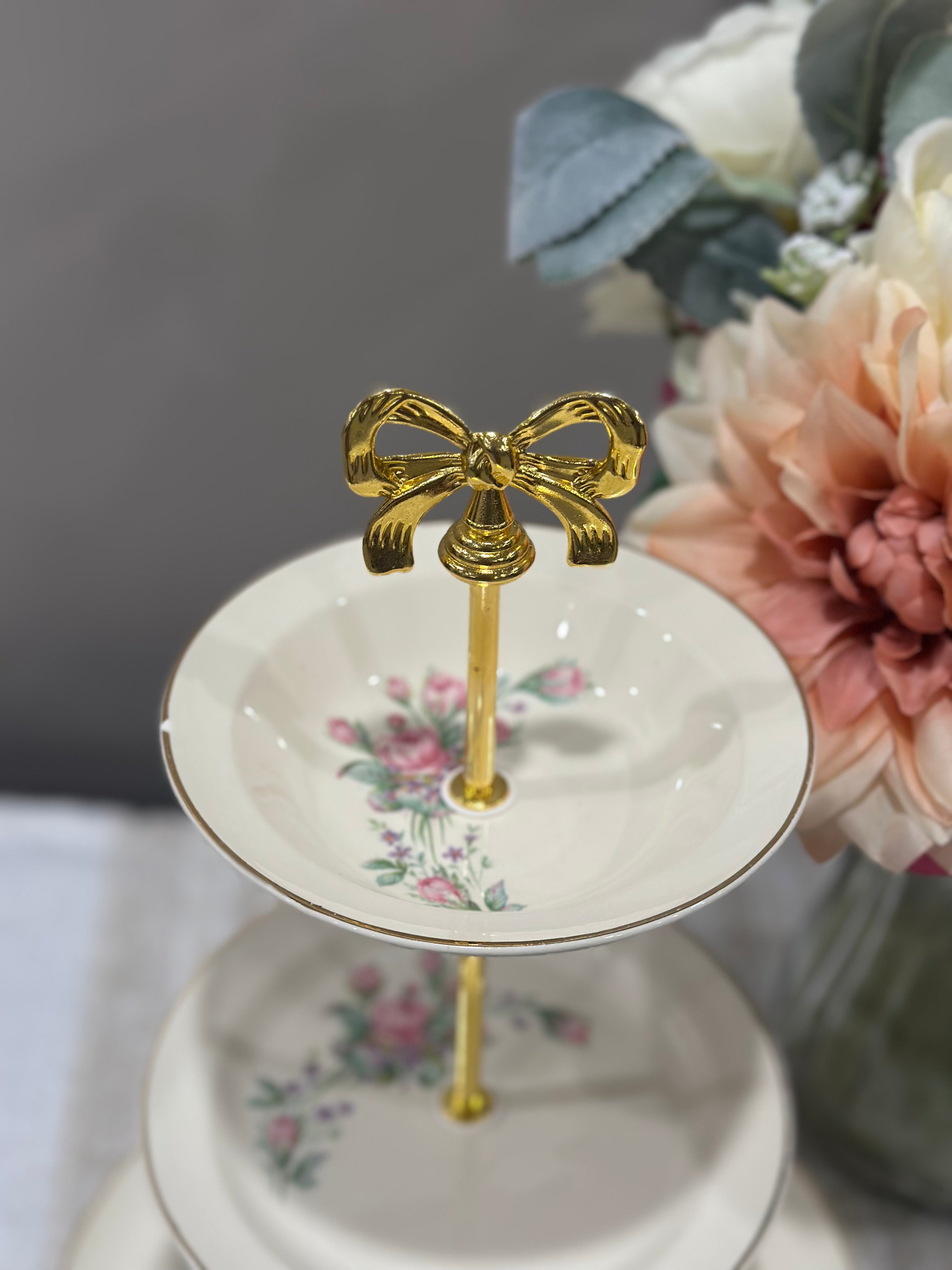 Vintage Three-Tier Plate Stand - Pink Florals with Gold Edging and Gold Hardware