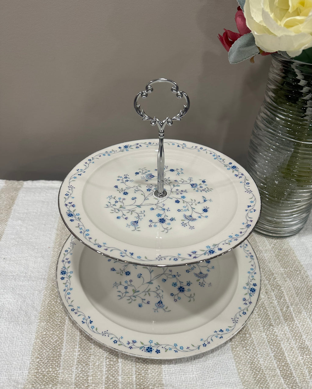 Vintage Two-Tier Plate Stand - Blue Florals with Silver Hardware