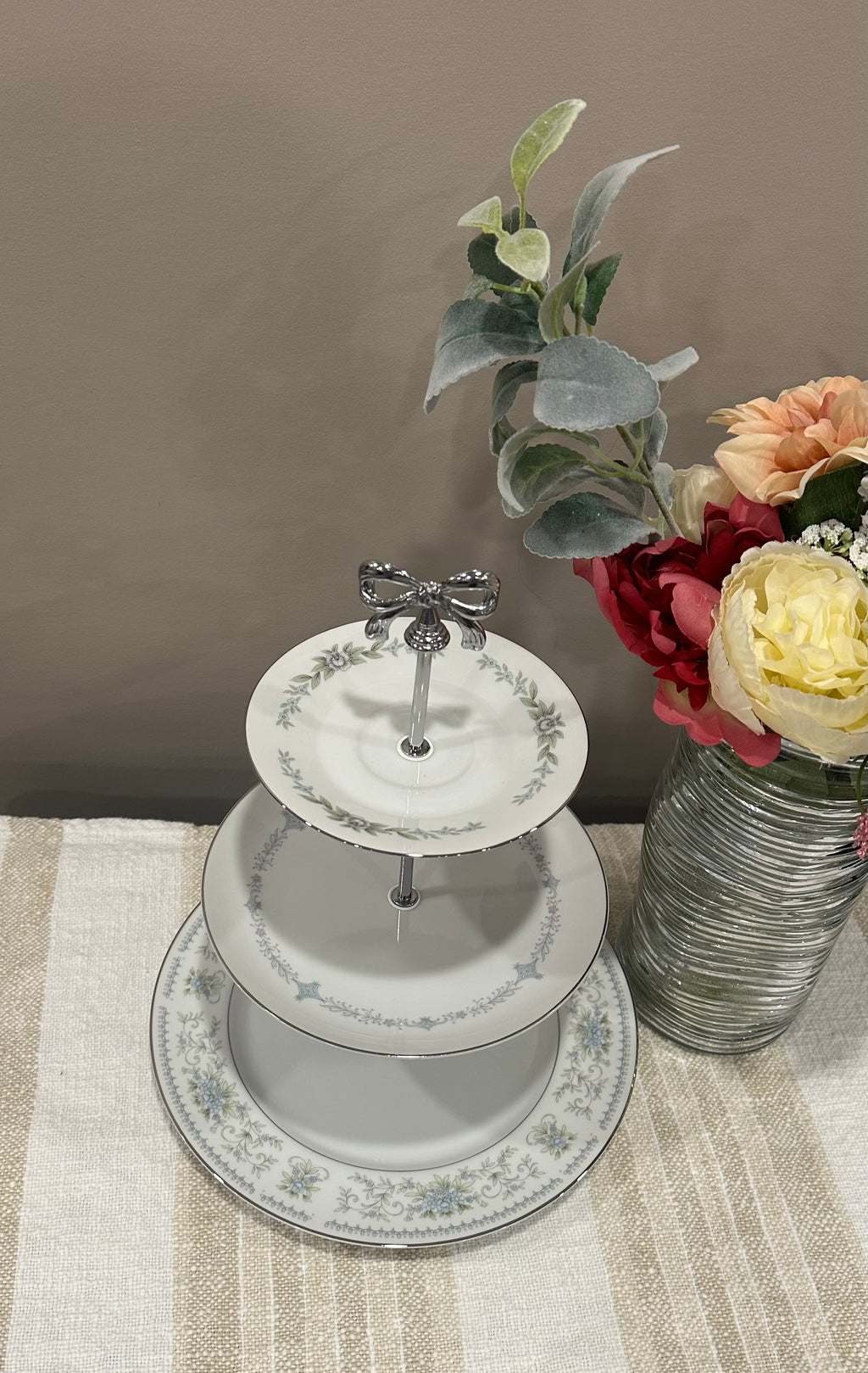Vintage Three-Tier Plate Stand - Blue Florals with Silver Hardware