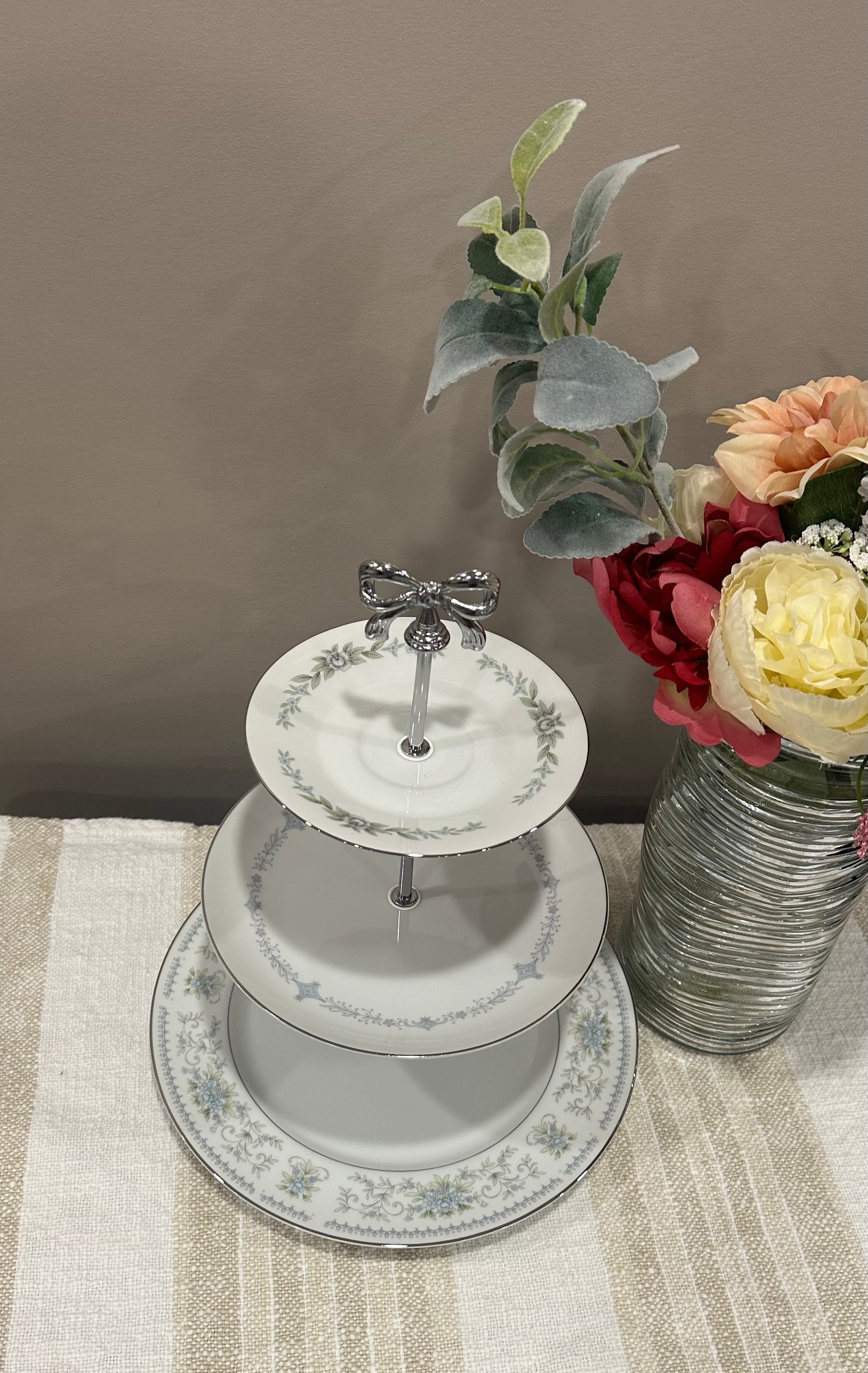 Vintage Three-Tier Plate Stand - Blue Florals with Silver Hardware