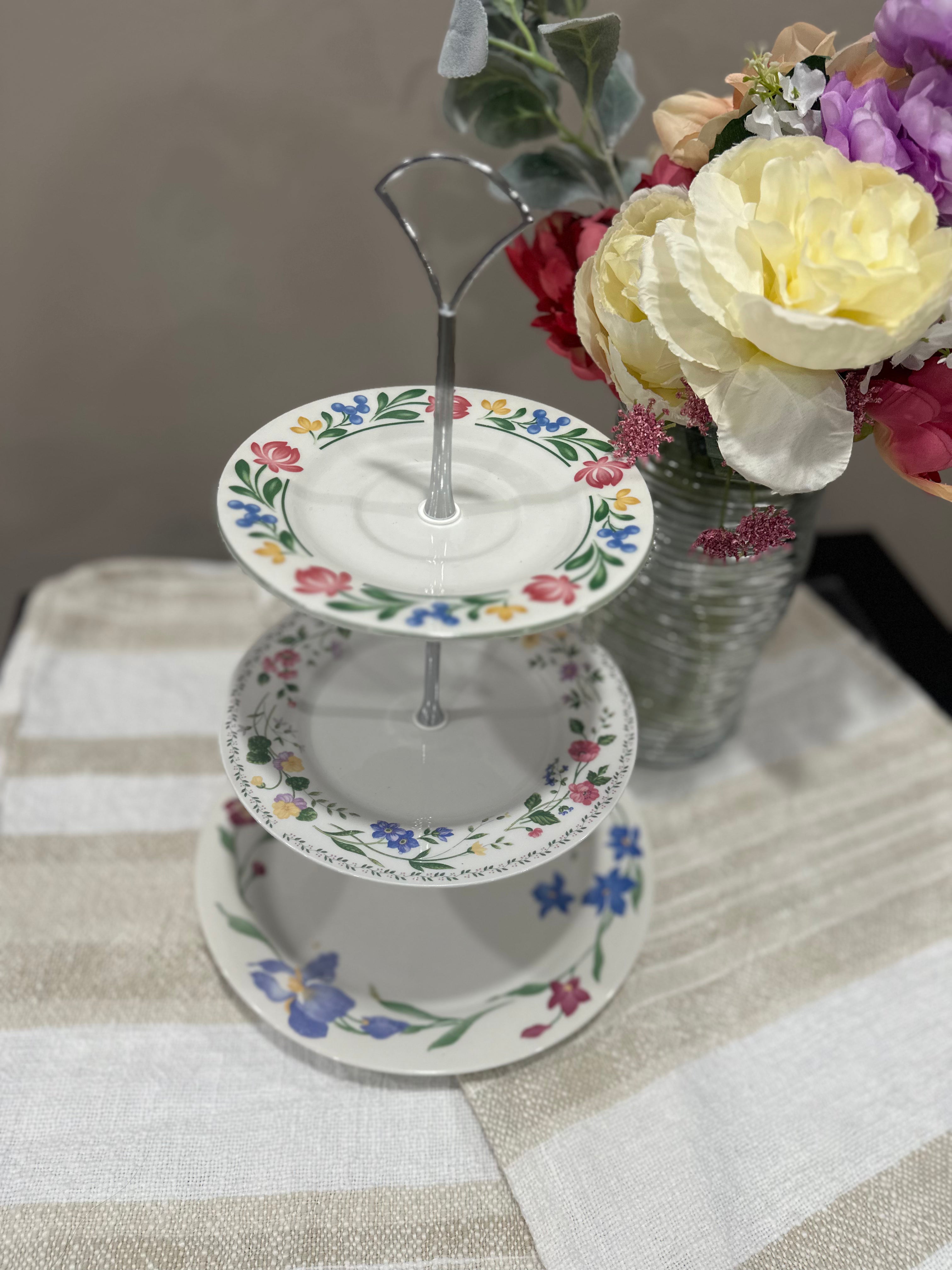 Vintage Three-Tier Plate Stand - Bold Floral with Silver Hardware