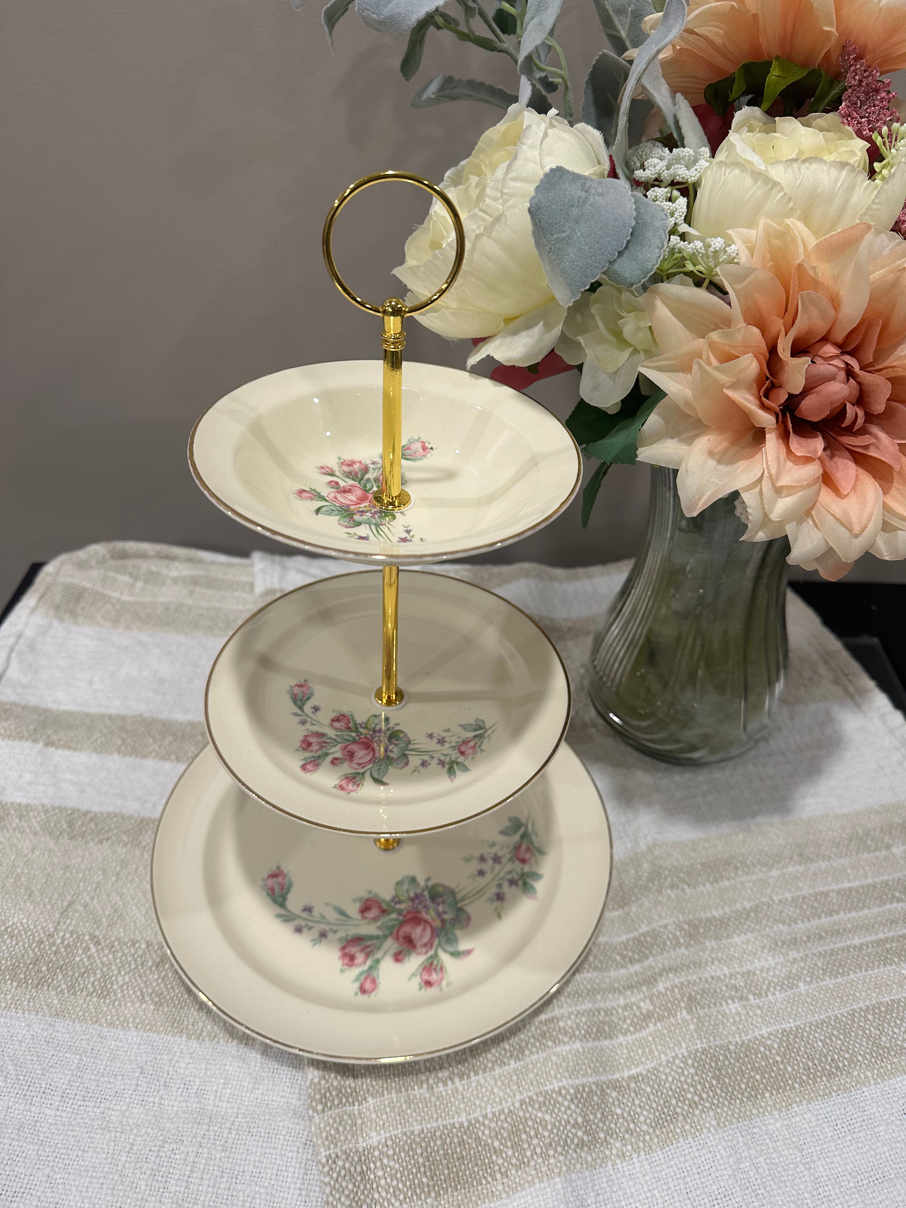 Vintage Three-Tier Plate Stand - Delicate Pink Floral with Gold Hardware