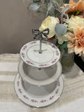 Vintage Three-Tier Plate Stand - Delicate Pink & Blue Floral with Silver Bow Hardware