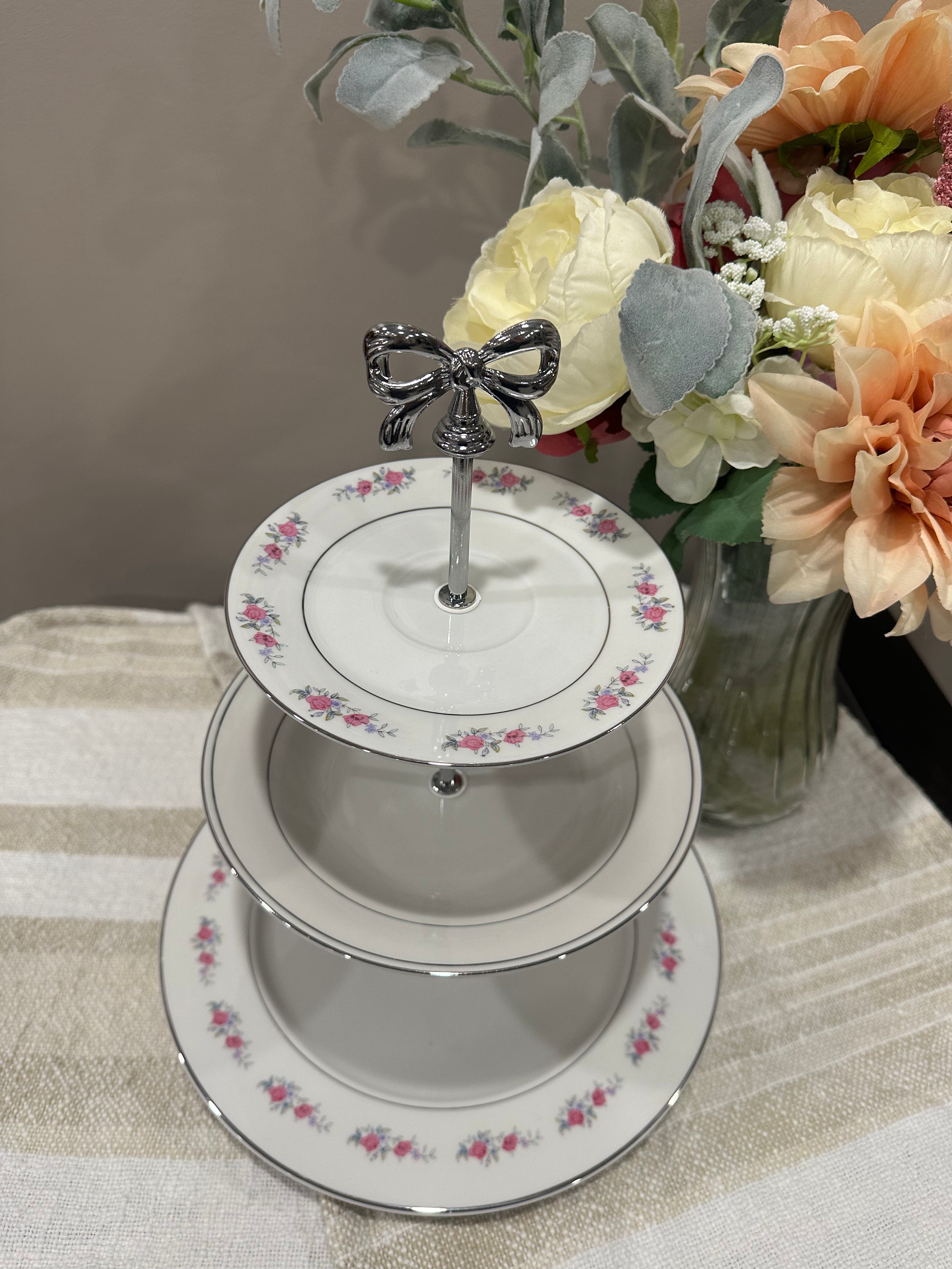 Vintage Three-Tier Plate Stand - Delicate Pink & Blue Floral with Silver Bow Hardware