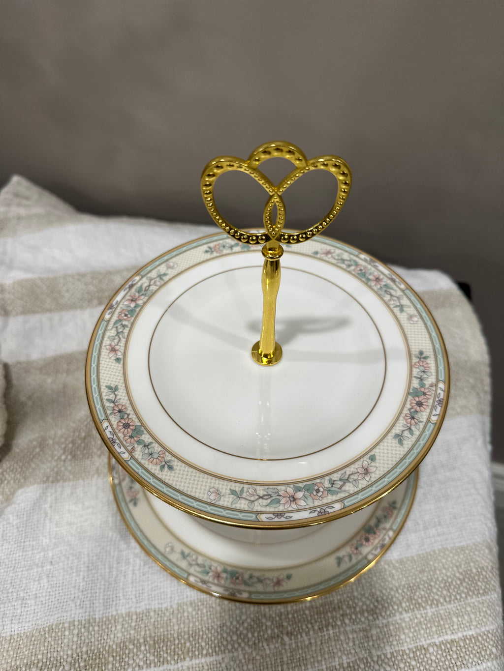 Vintage Two-Tier Plate Stand with Pink Florals and Gold Edging