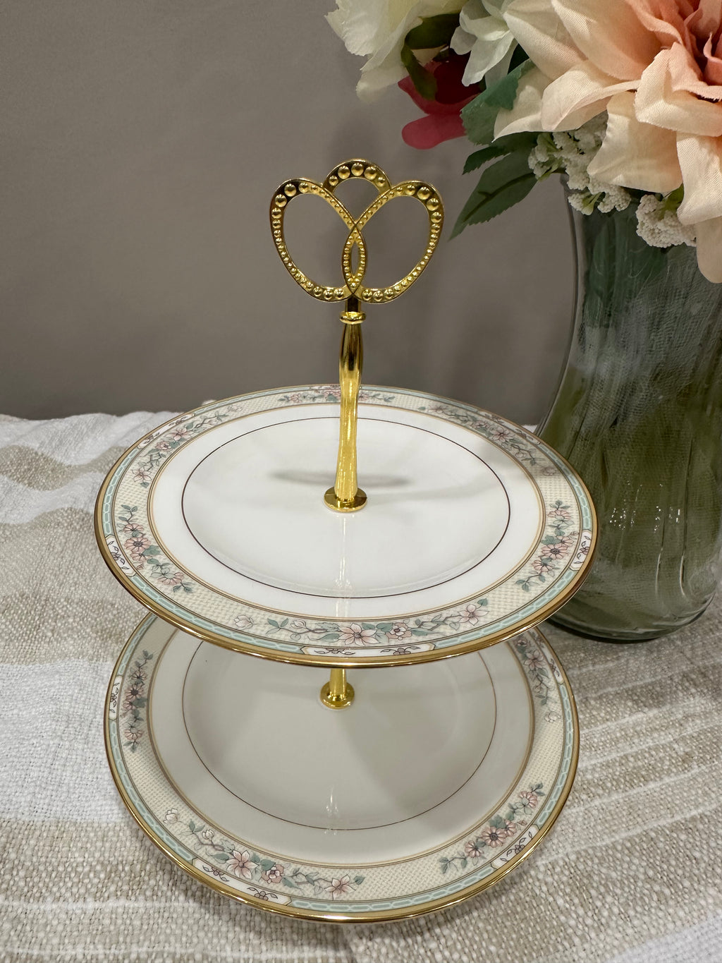 Vintage Two-Tier Plate Stand with Pink Florals and Gold Edging