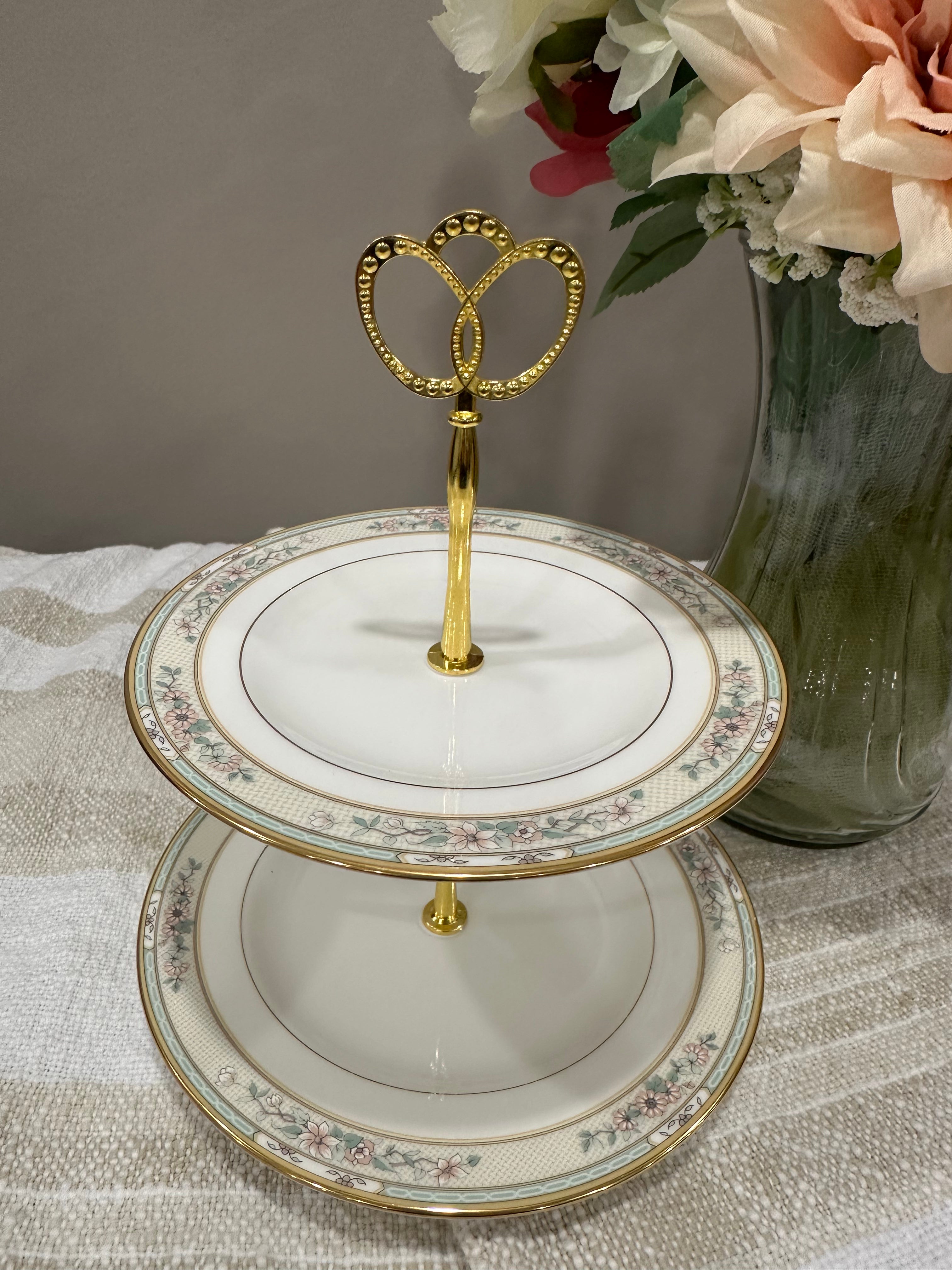 Vintage Two-Tier Plate Stand with Pink Florals and Gold Edging