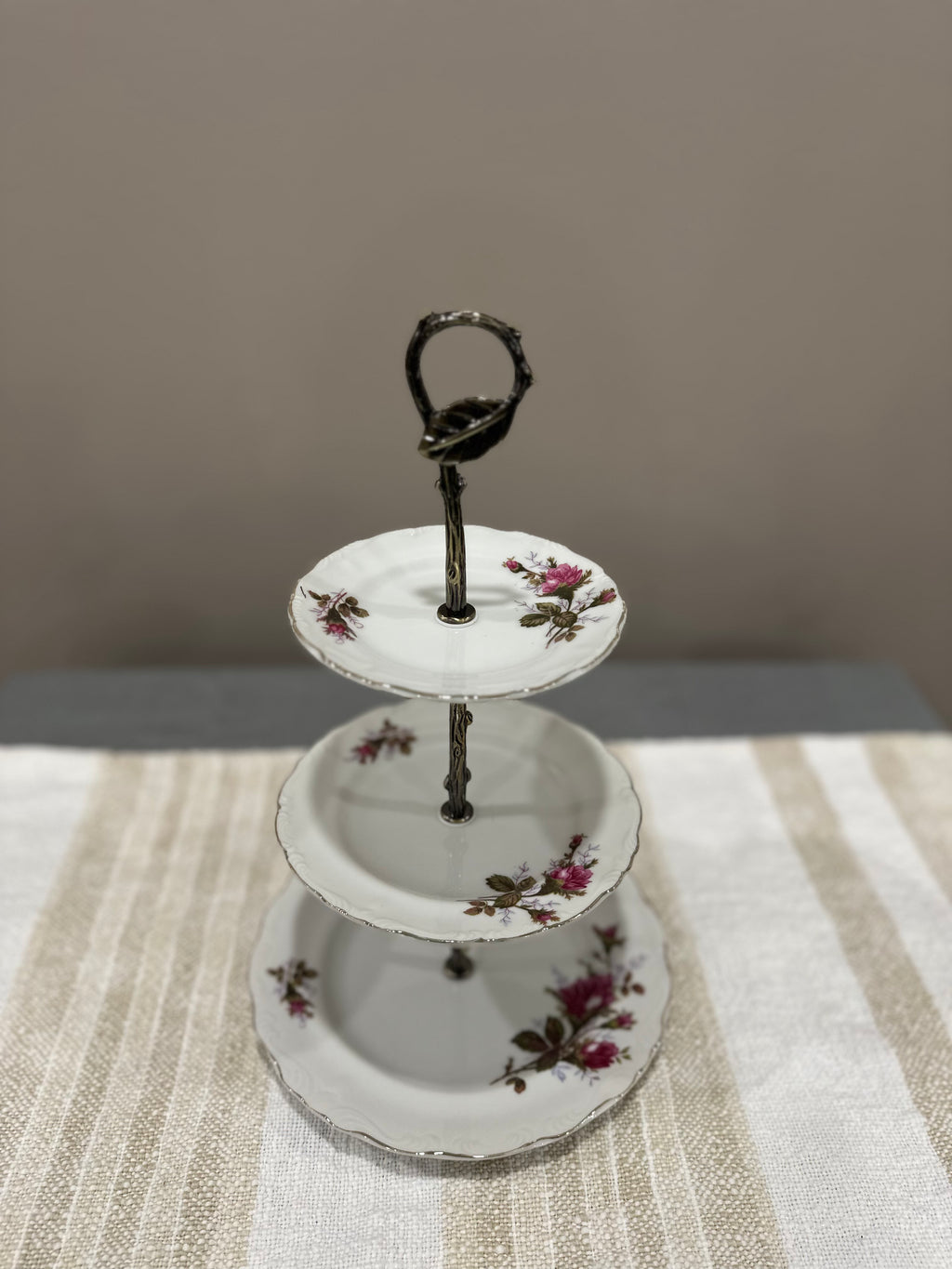 Vintage Three-Tier Plate Stand - Rose Florals with Brass Hardware
