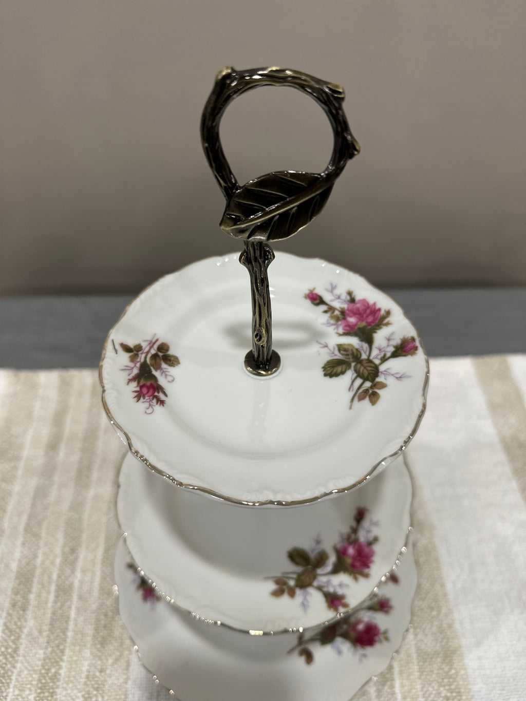 Vintage Three-Tier Plate Stand - Rose Florals with Brass Hardware