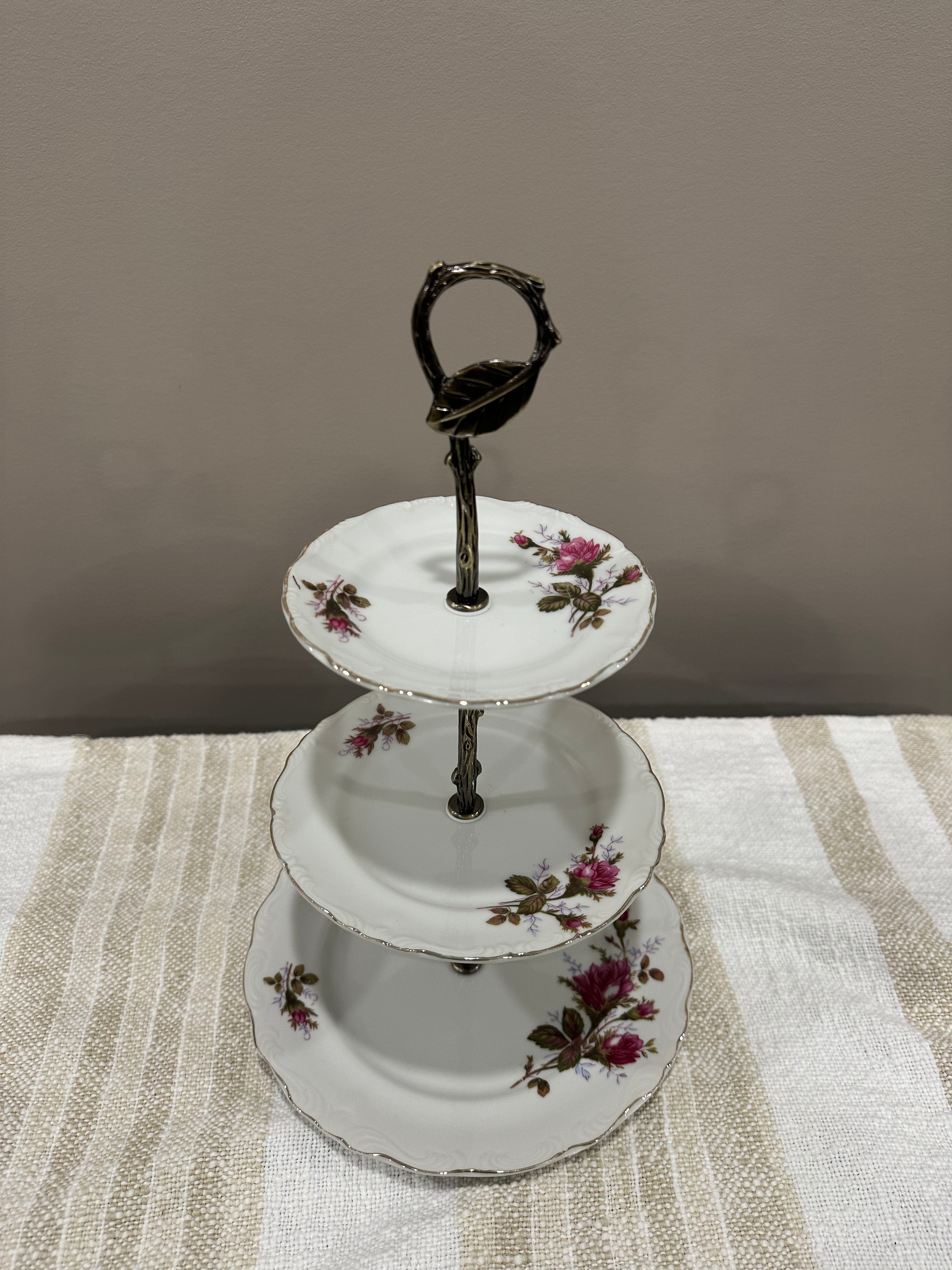 Vintage Three-Tier Plate Stand - Rose Florals with Brass Hardware