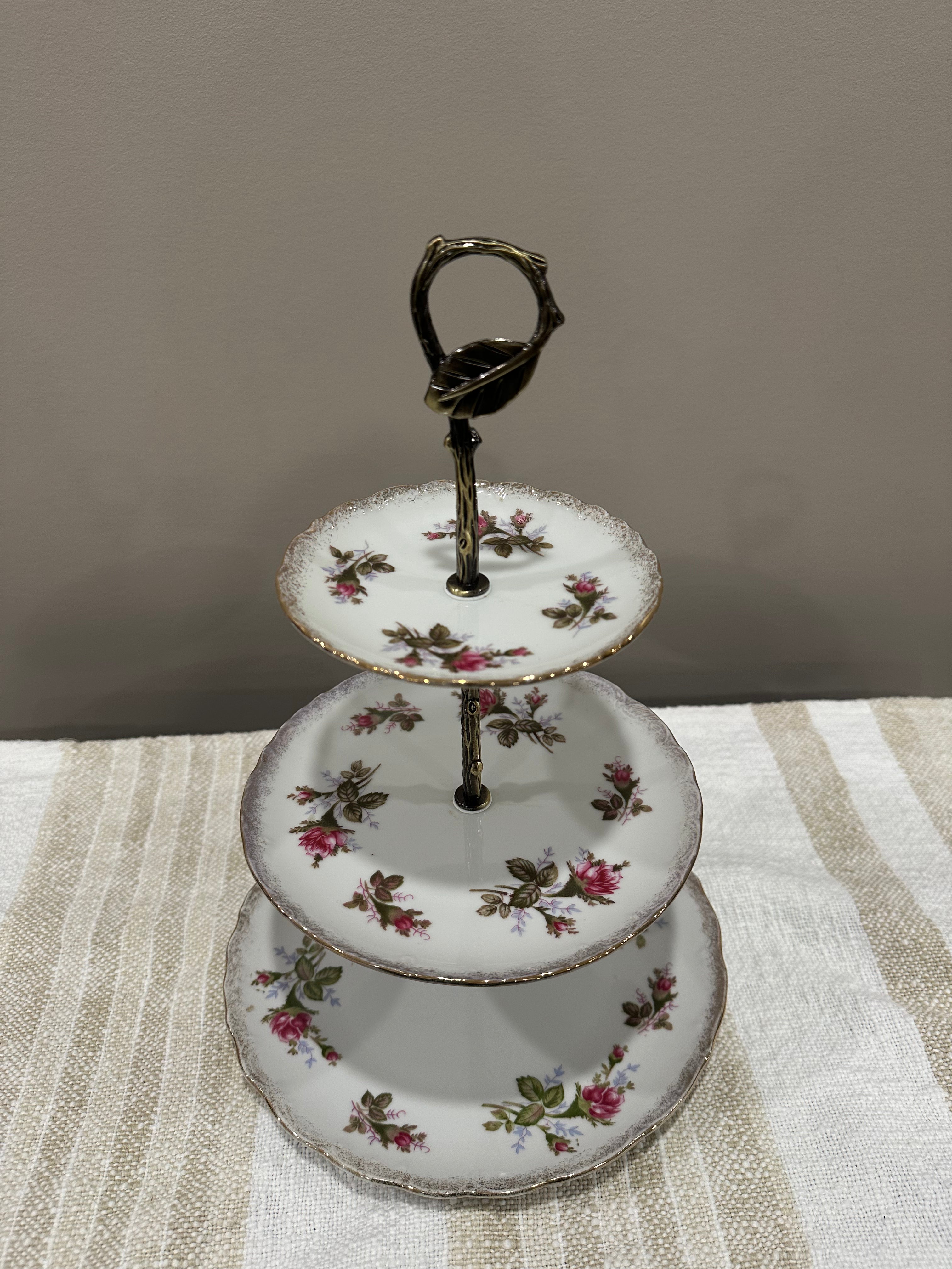 Vintage Three-Tier Plate Stand - Rose Florals and Brass Hardware