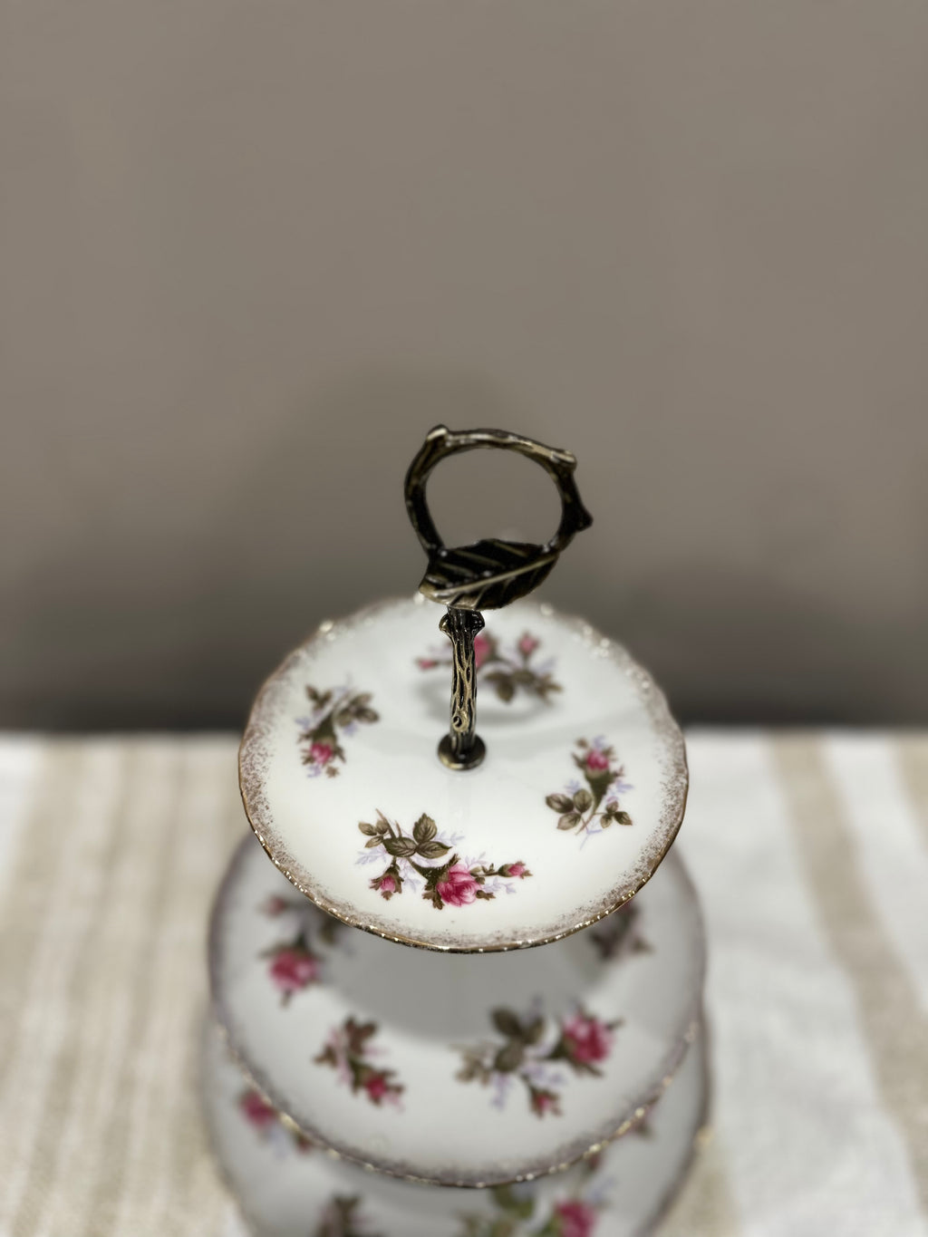 Vintage Three-Tier Plate Stand - Rose Florals and Brass Hardware