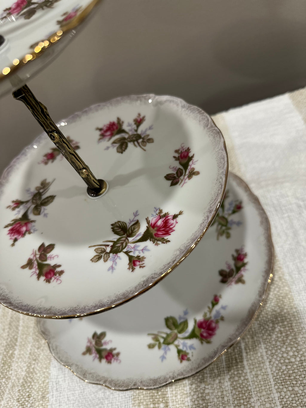 Vintage Three-Tier Plate Stand - Rose Florals and Brass Hardware
