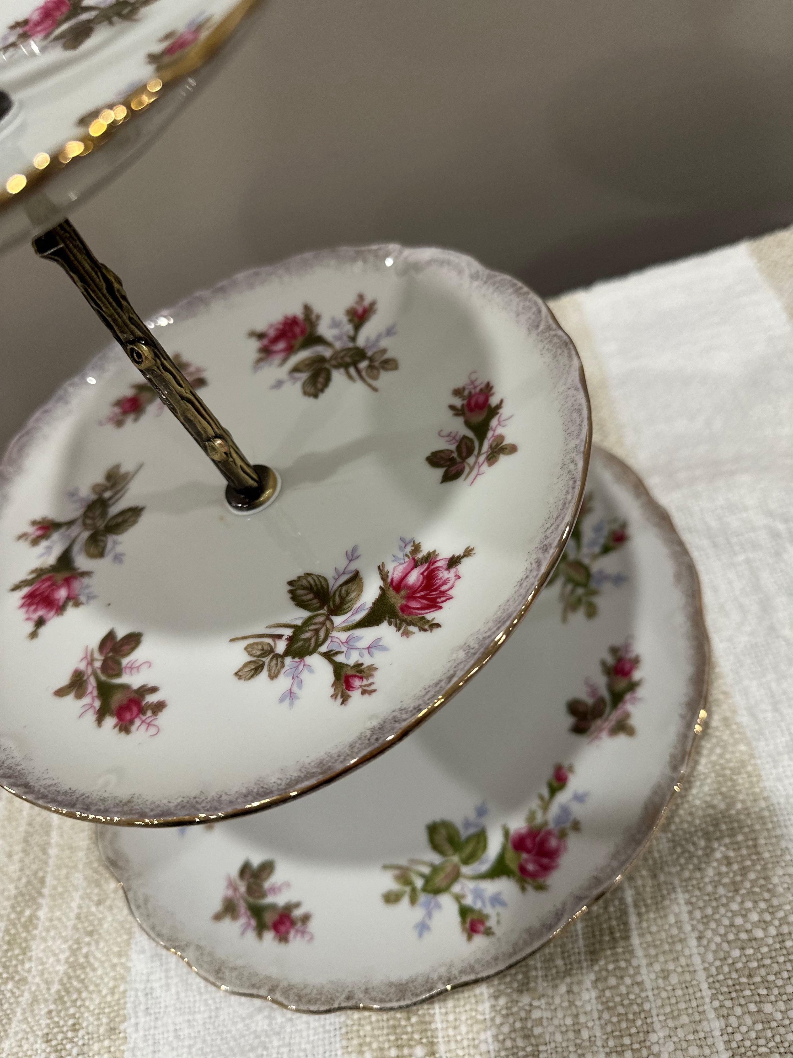 Vintage Three-Tier Plate Stand - Rose Florals and Brass Hardware