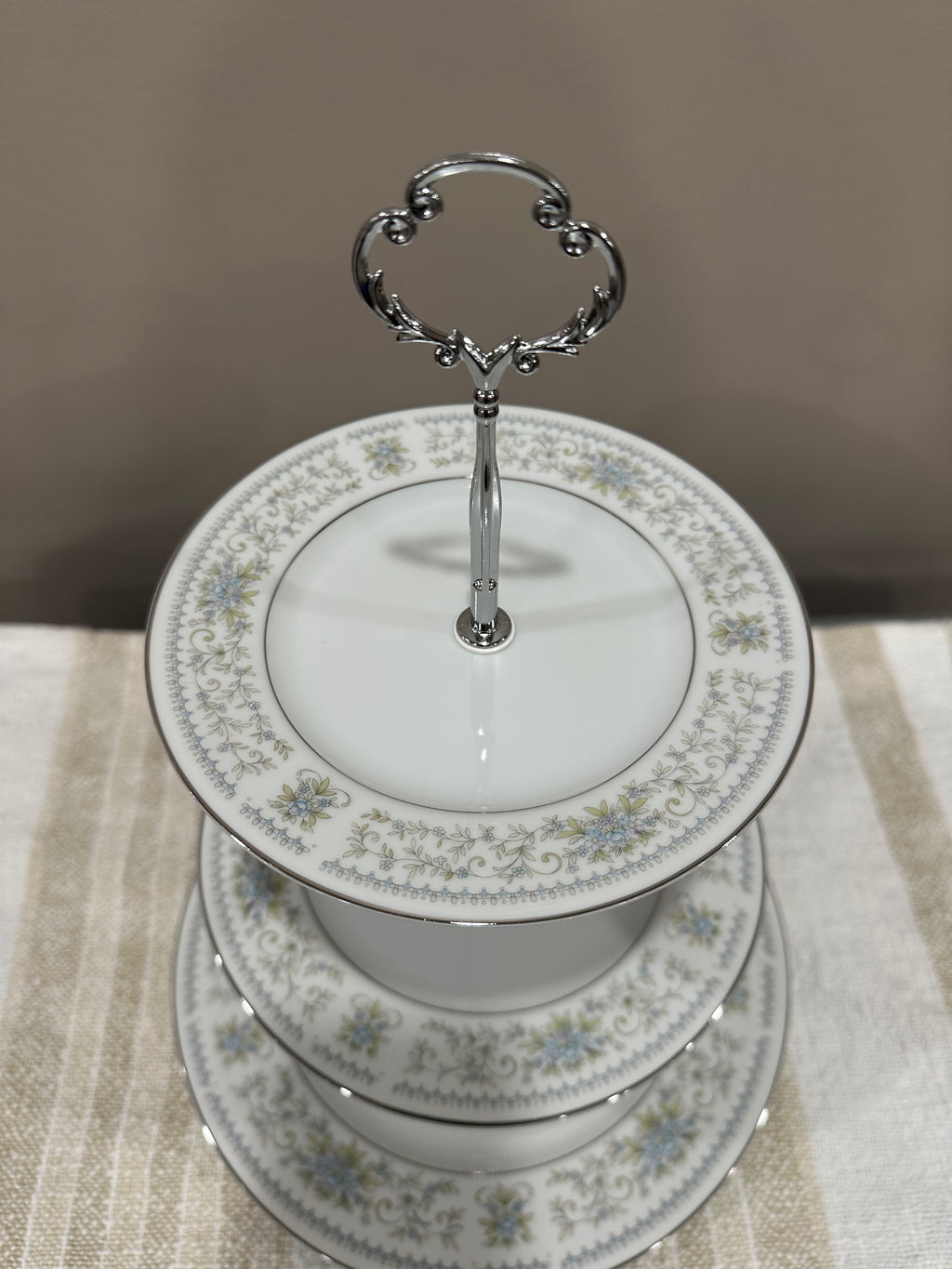 Vintage Three -Tier Plate Stand - Blue Florals with Silver Edging
