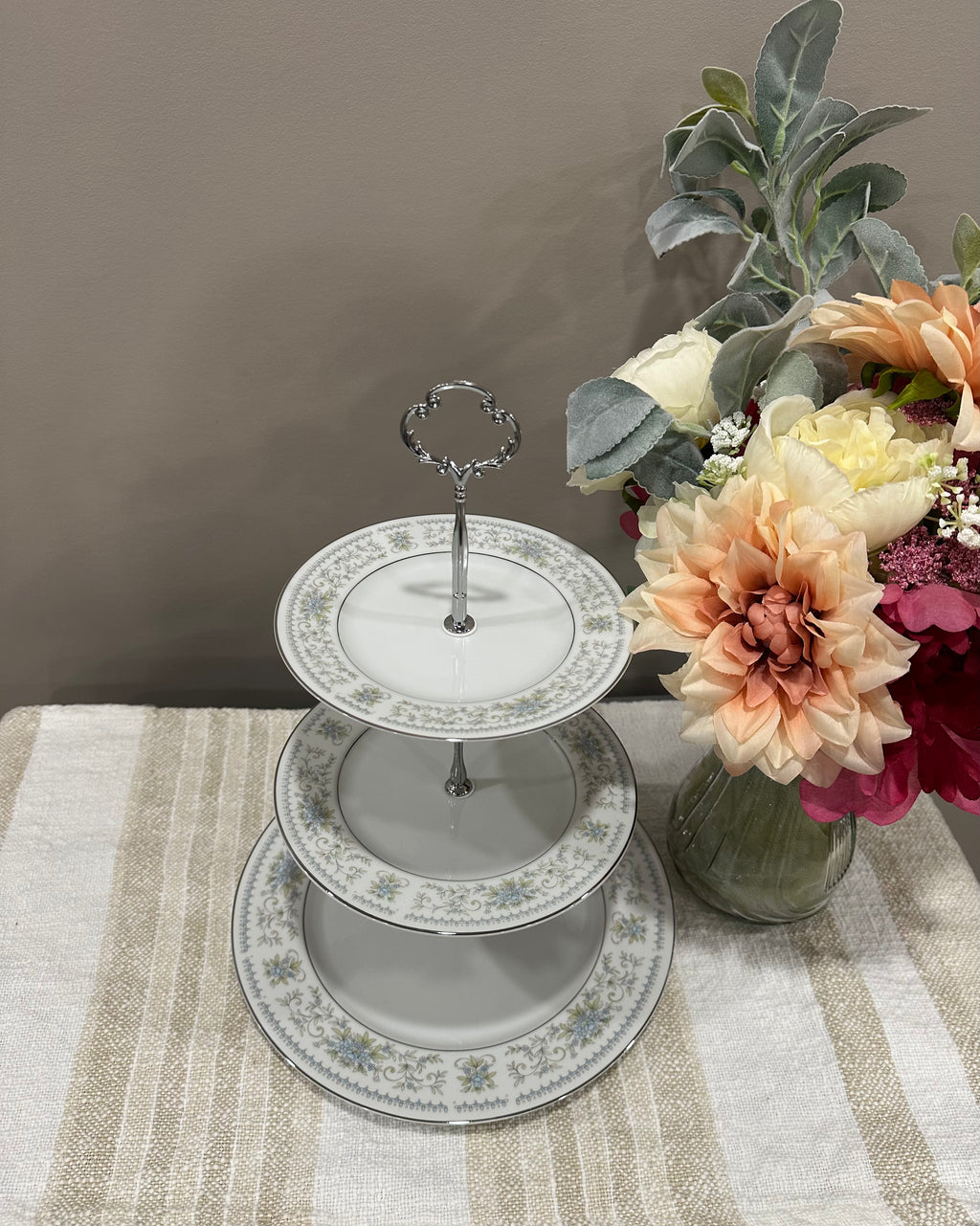 Vintage Three -Tier Plate Stand - Blue Florals with Silver Edging