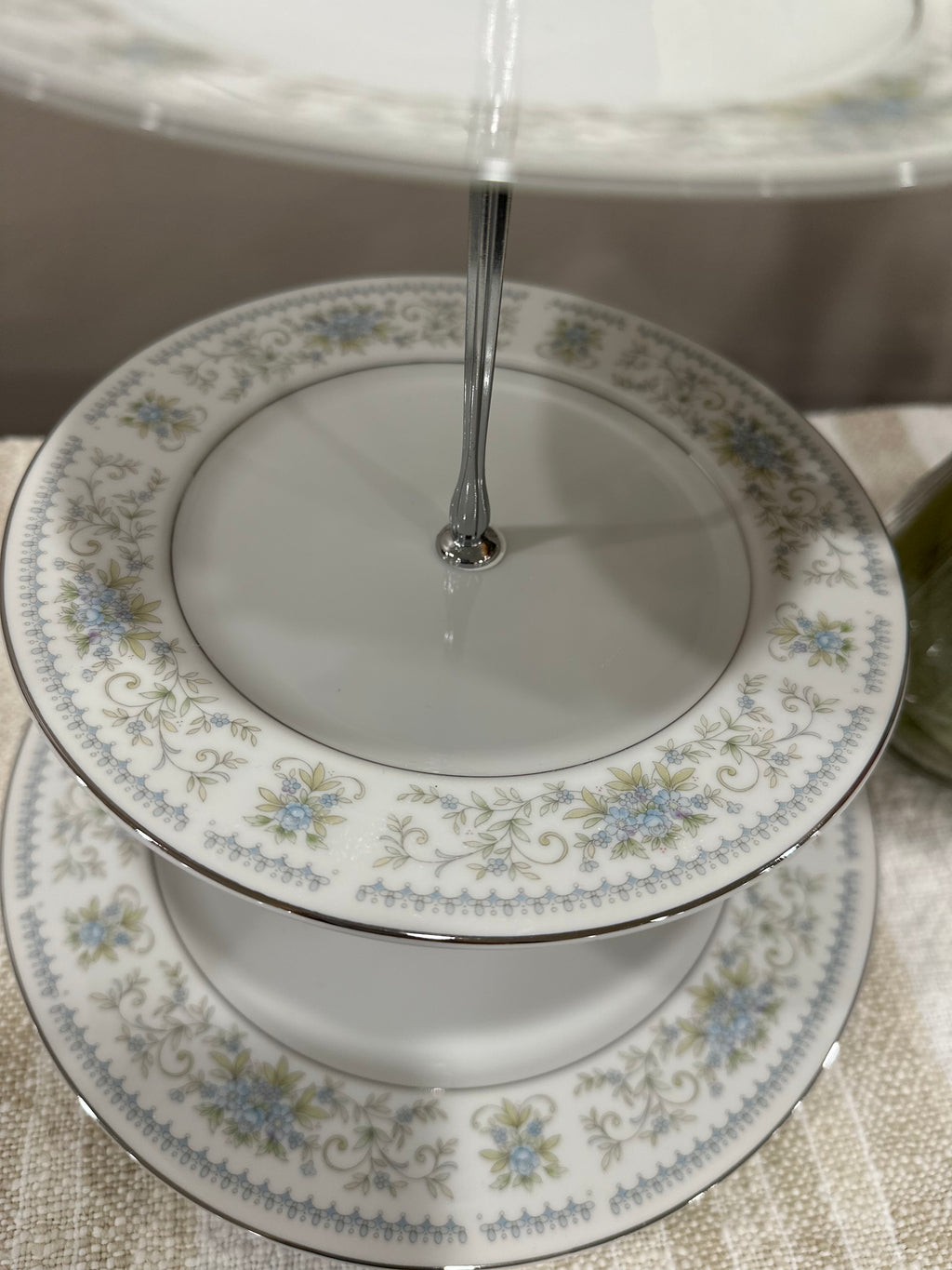 Vintage Three -Tier Plate Stand - Blue Florals with Silver Edging