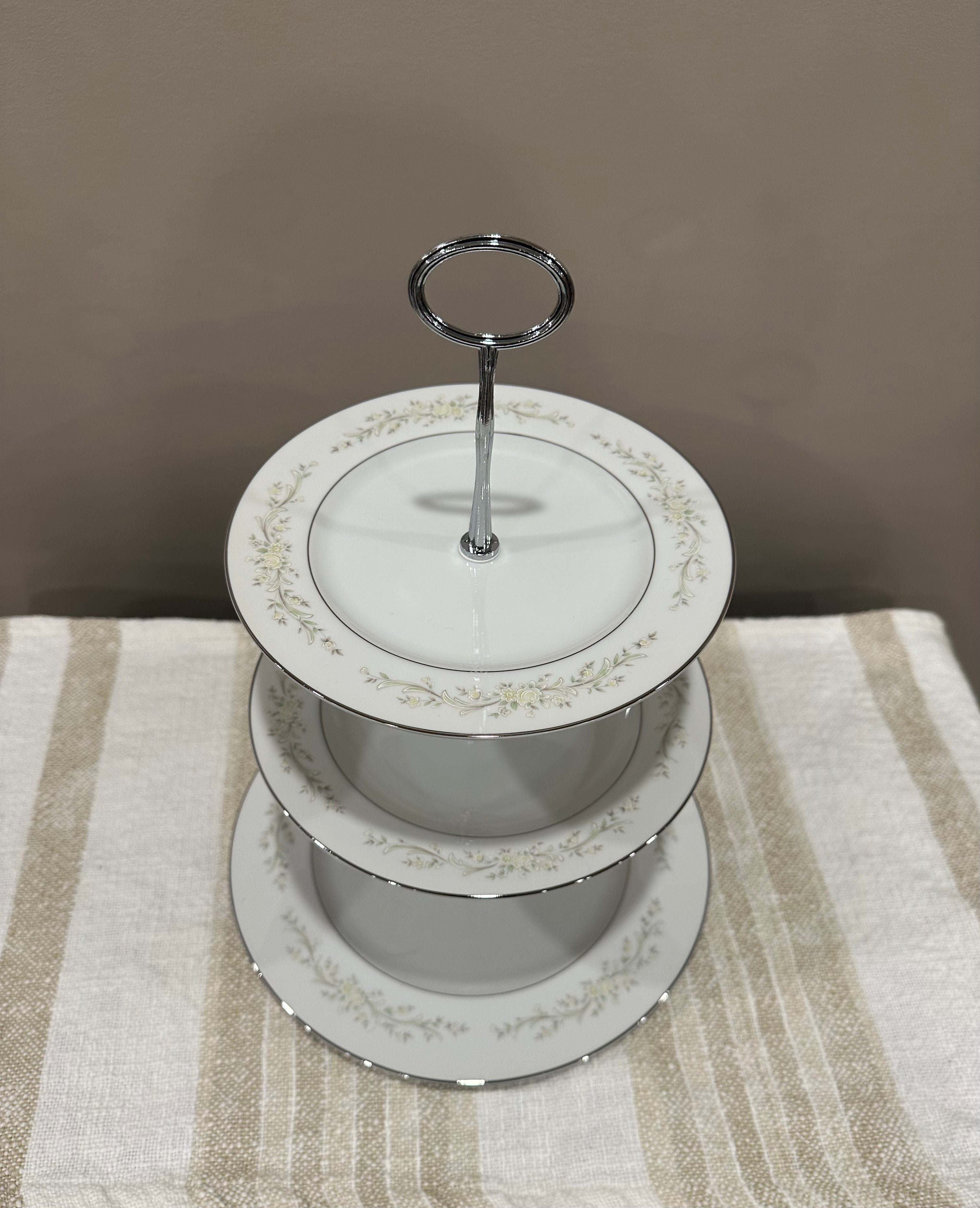 Vintage Three-Tier Plate Stand - Green and Yellow Florals with Silver Edging