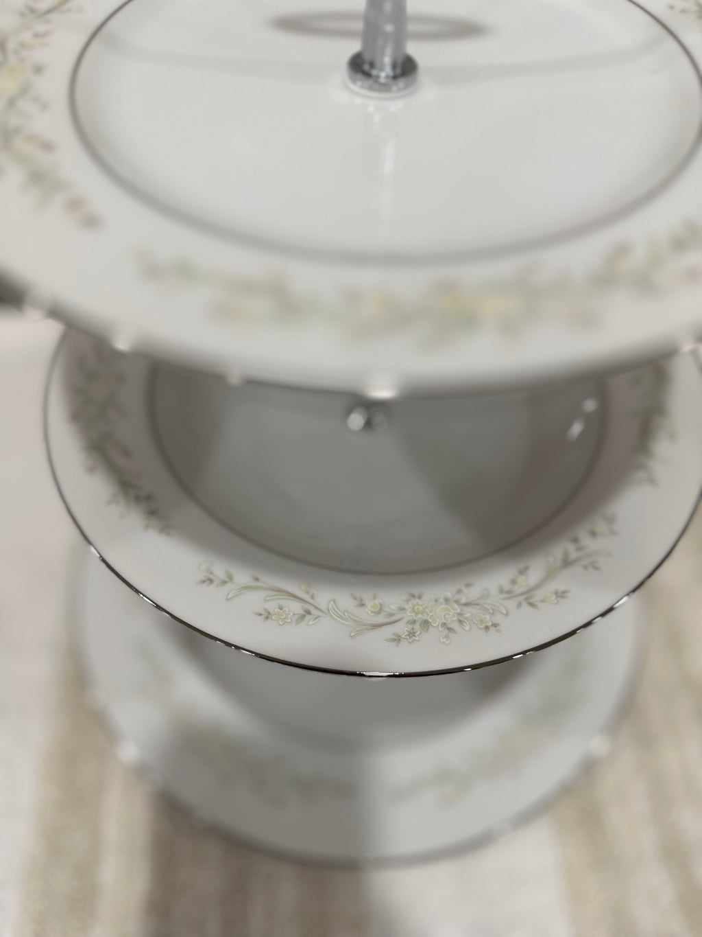 Vintage Three-Tier Plate Stand - Green and Yellow Florals with Silver Edging