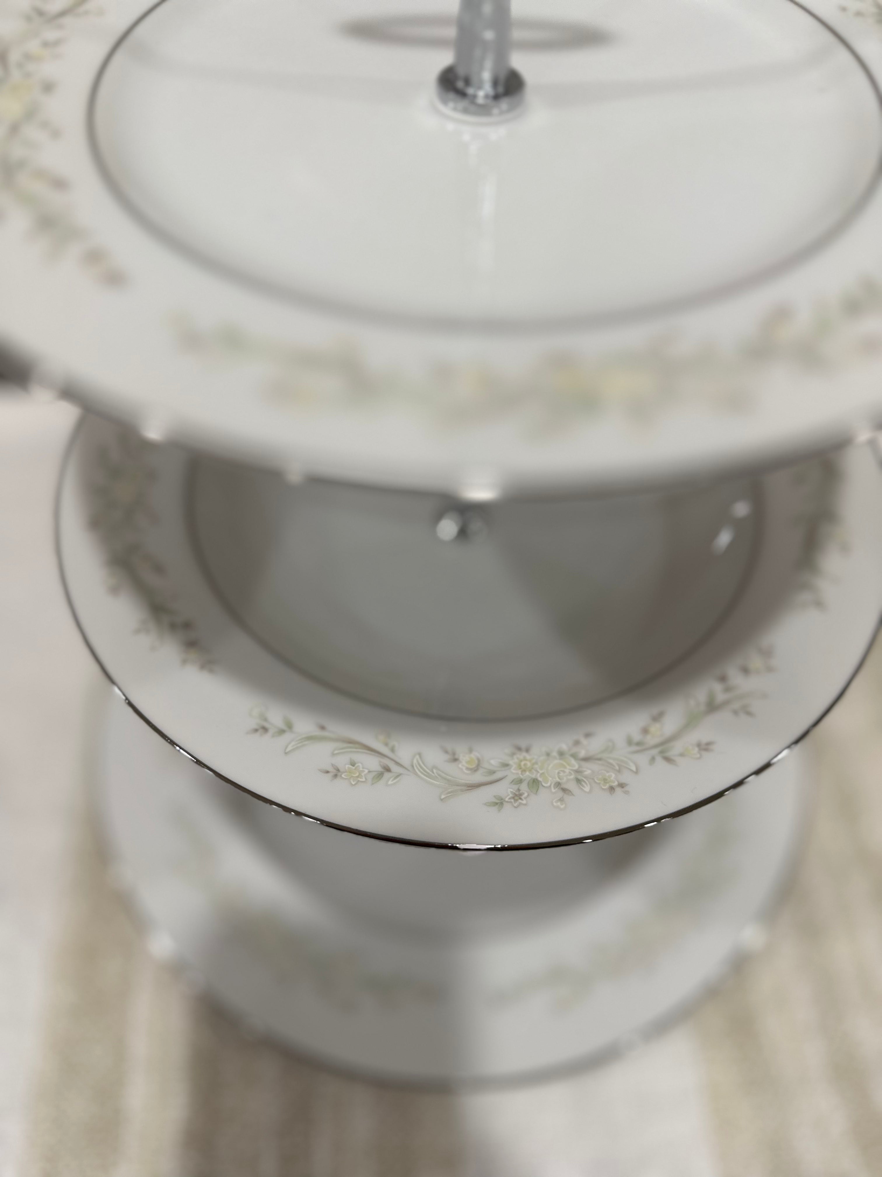 Vintage Three-Tier Plate Stand - Green and Yellow Florals with Silver Edging