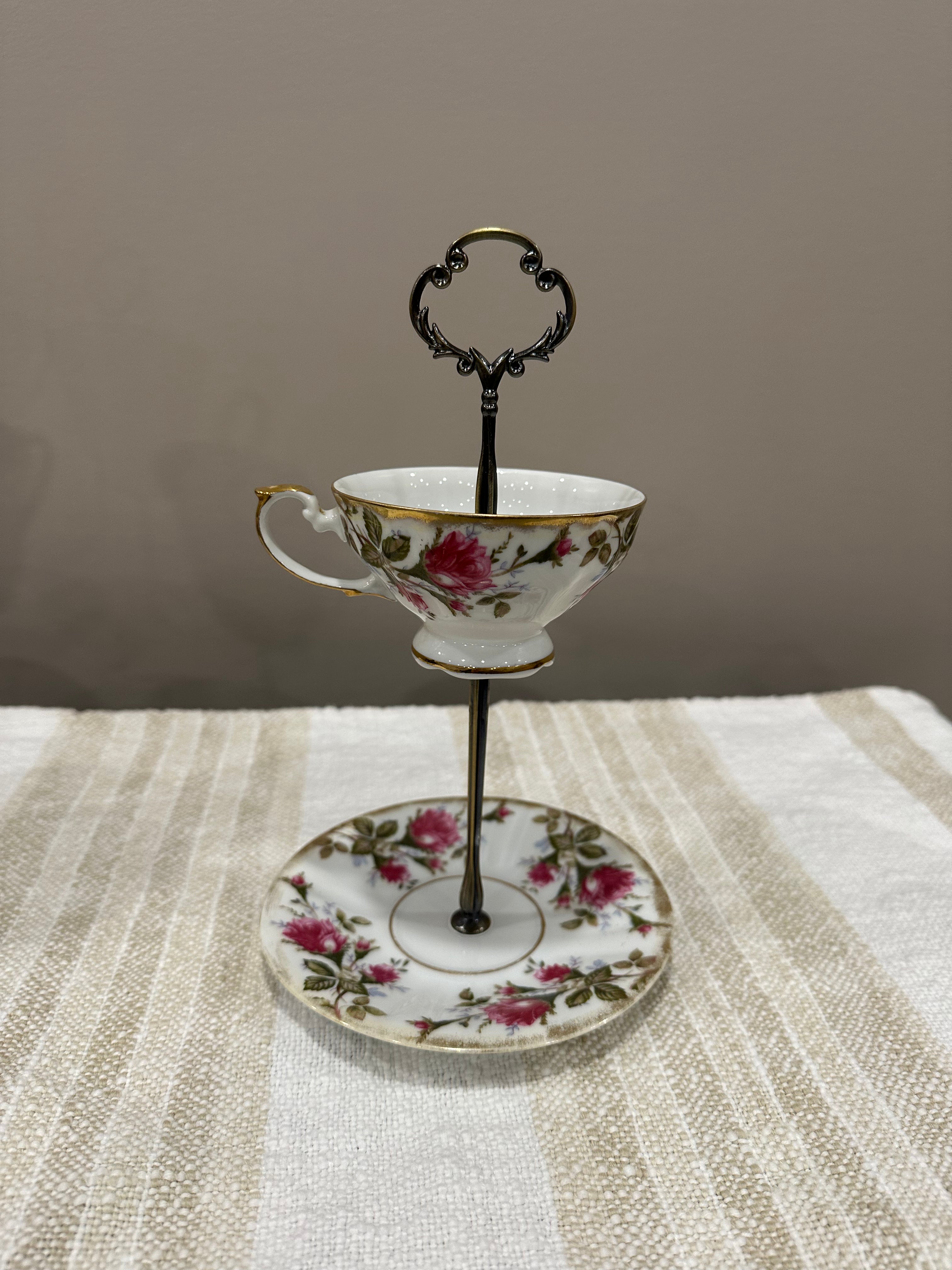 Vintage Two-Tier Plate Stand - Pink Florals with Brass Hardward