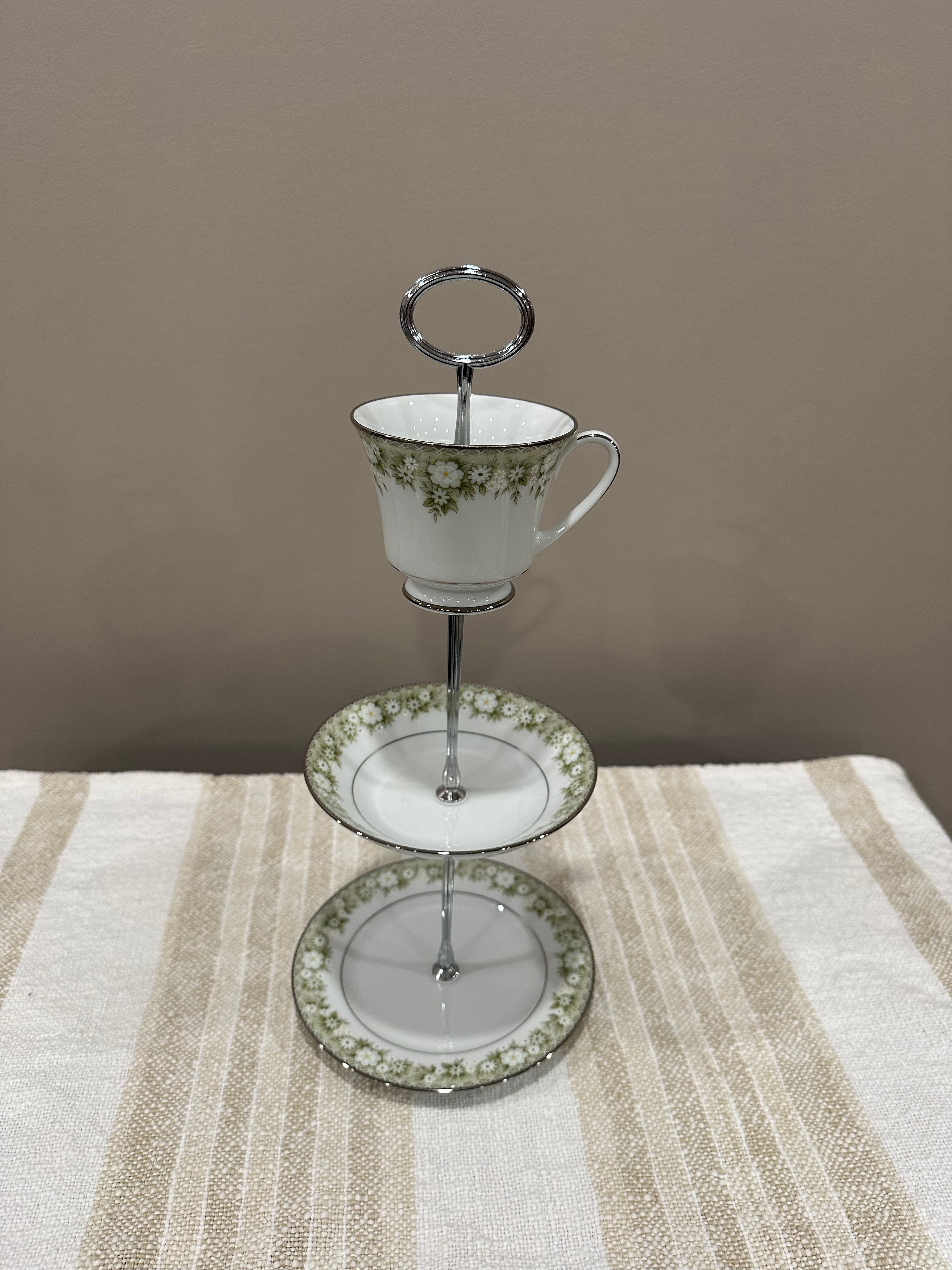 Vintage Three-Tier Plate Stand - Green and White Florals