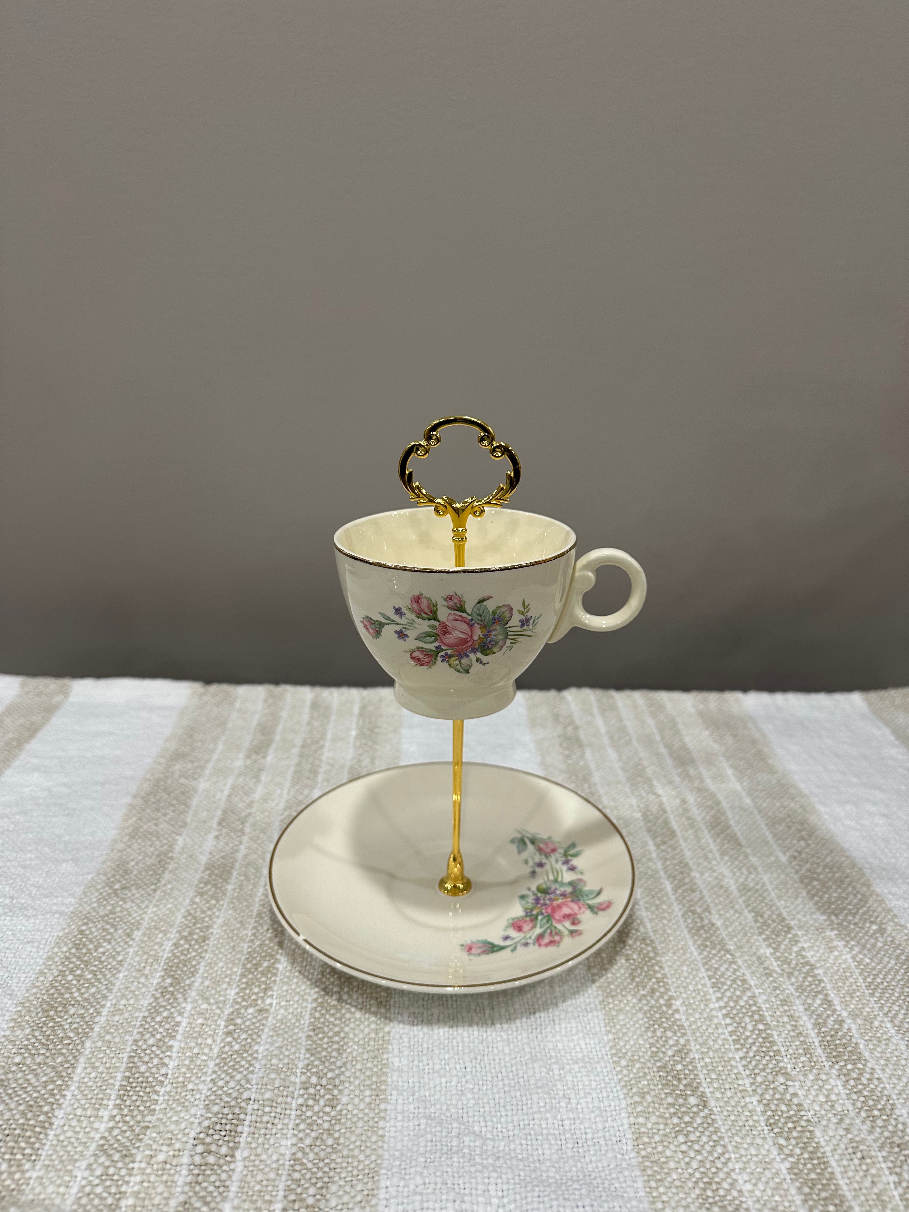 Vintage Two-Tier Plate Stand - Pink Florals with Gold Edging