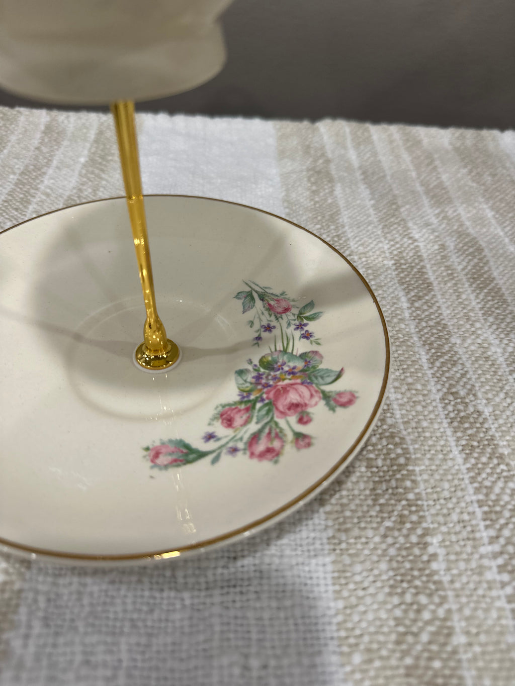Vintage Two-Tier Plate Stand - Pink Florals with Gold Edging