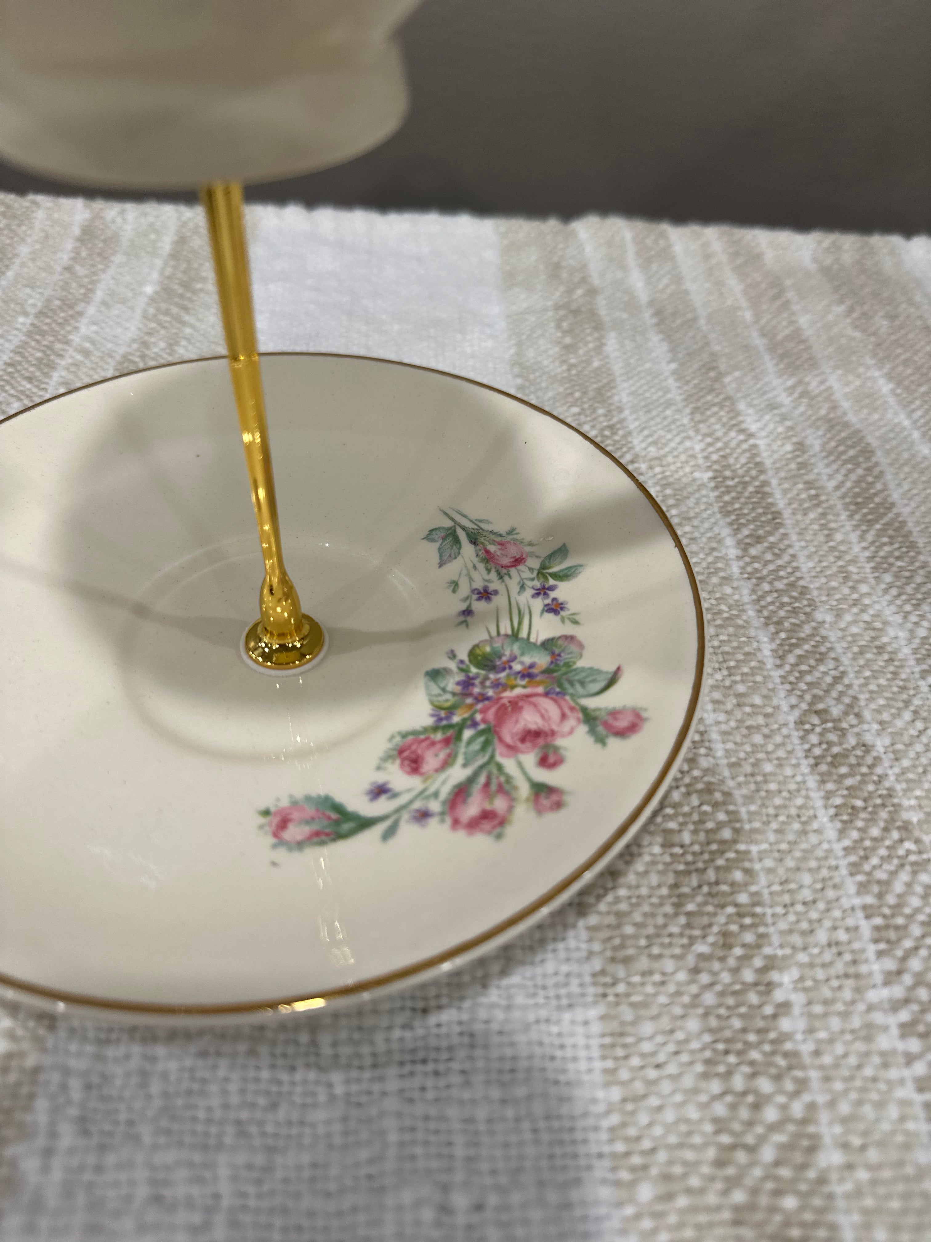 Vintage Two-Tier Plate Stand - Pink Florals with Gold Edging