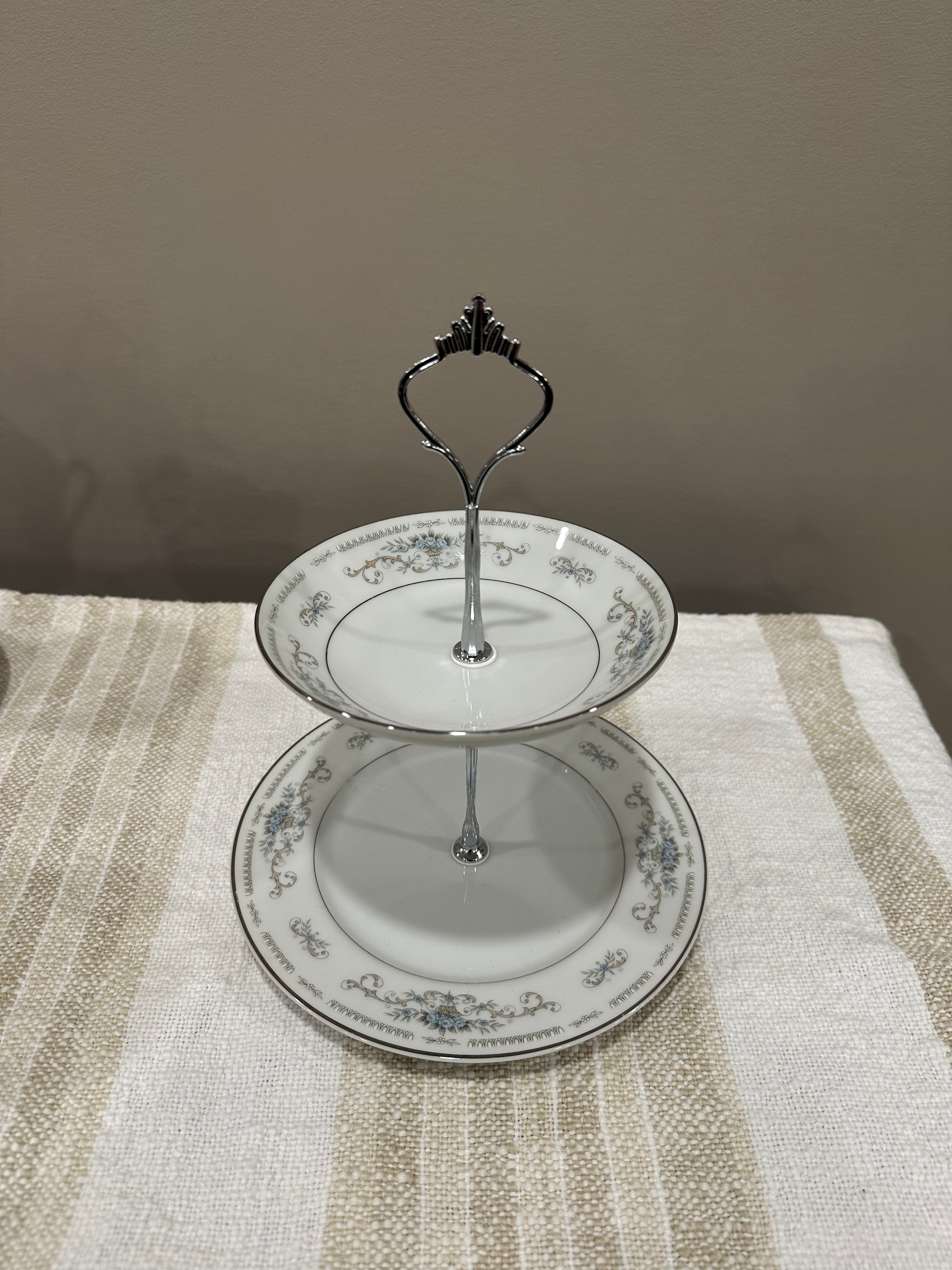 Vintage Two-Tier Plate Stand - Blue Florals with Silver Edging