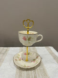 Vintage Two-Tier Plate Stand - Pink and Green Details with Gold Hardware