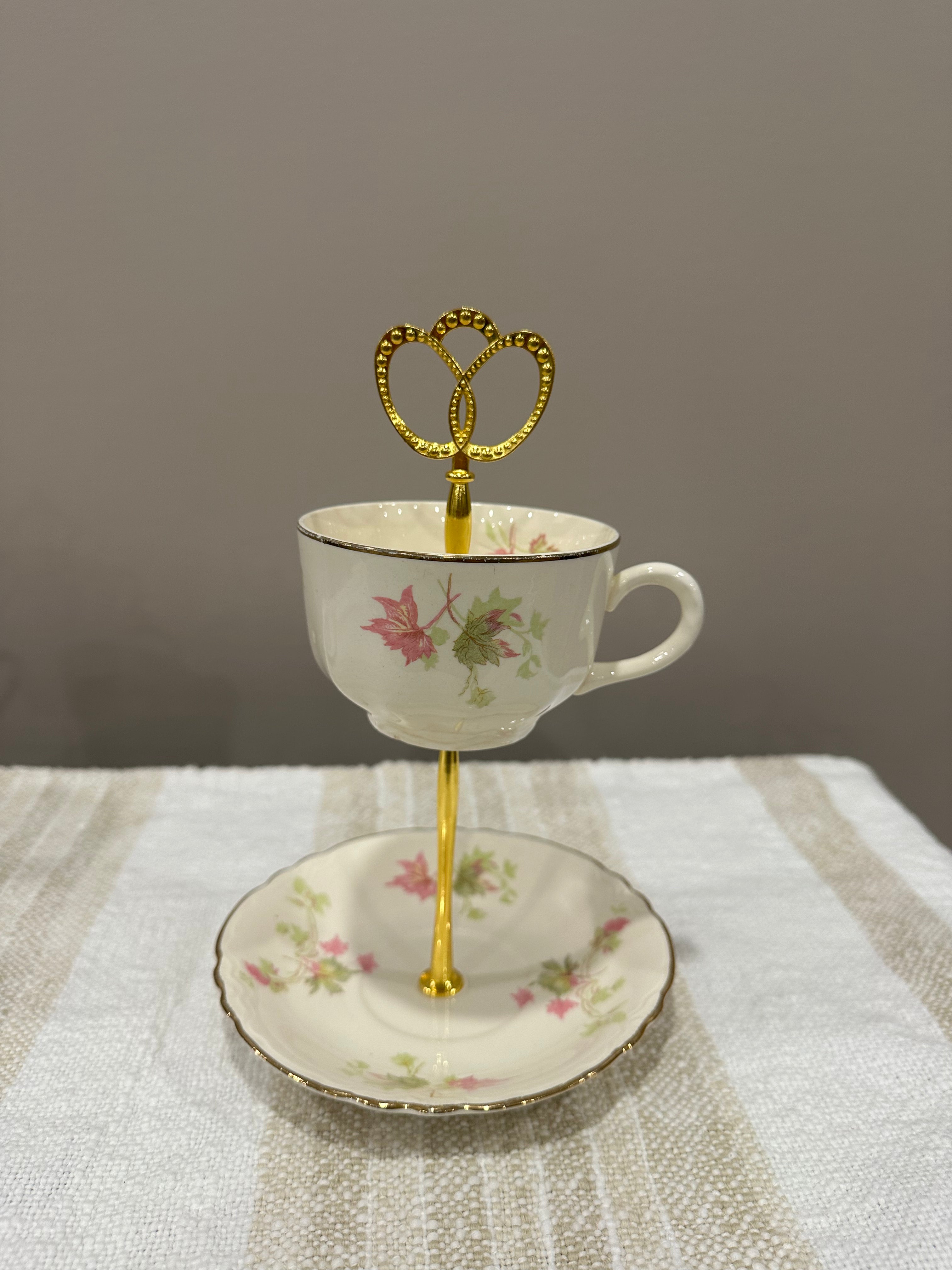 Vintage Two-Tier Plate Stand - Pink and Green Details with Gold Hardware