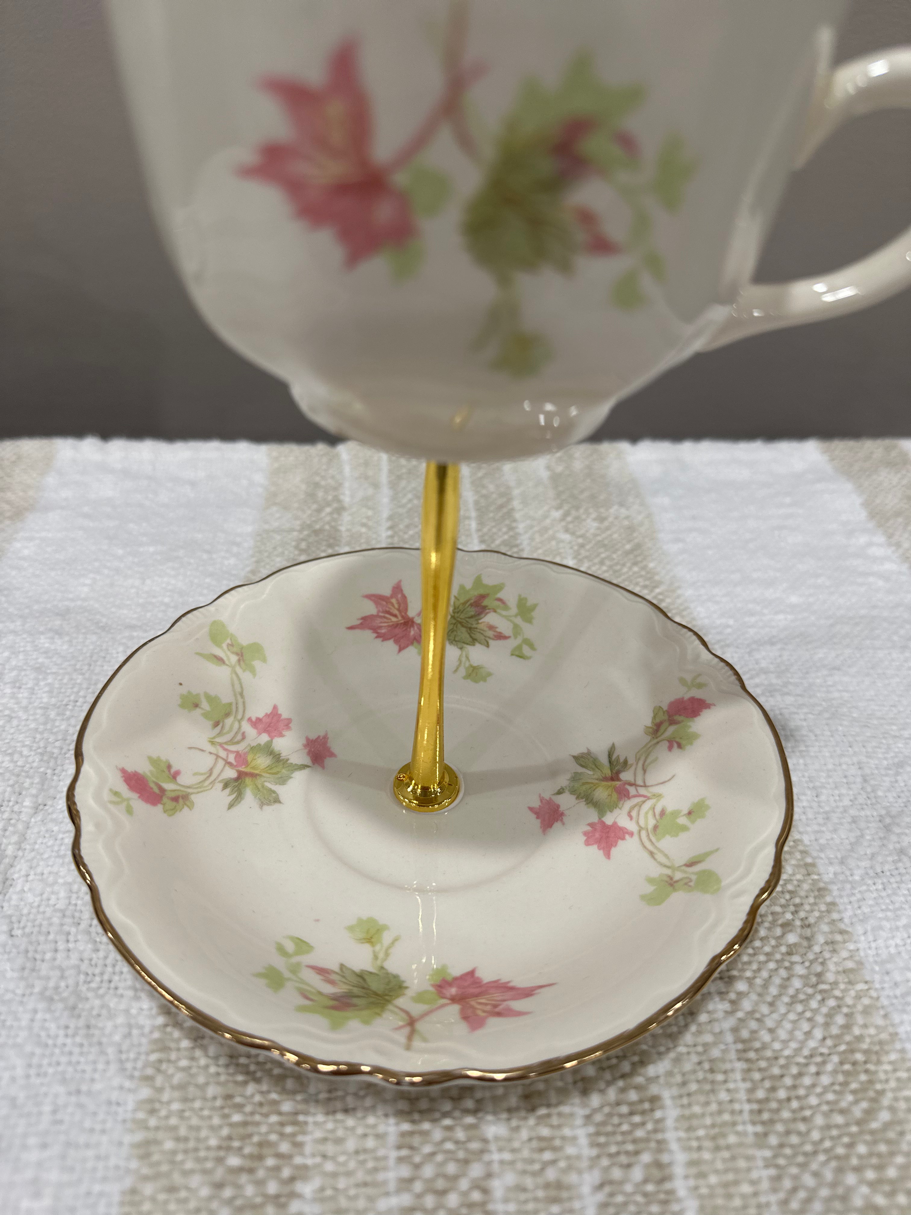 Vintage Two-Tier Plate Stand - Pink and Green Details with Gold Hardware