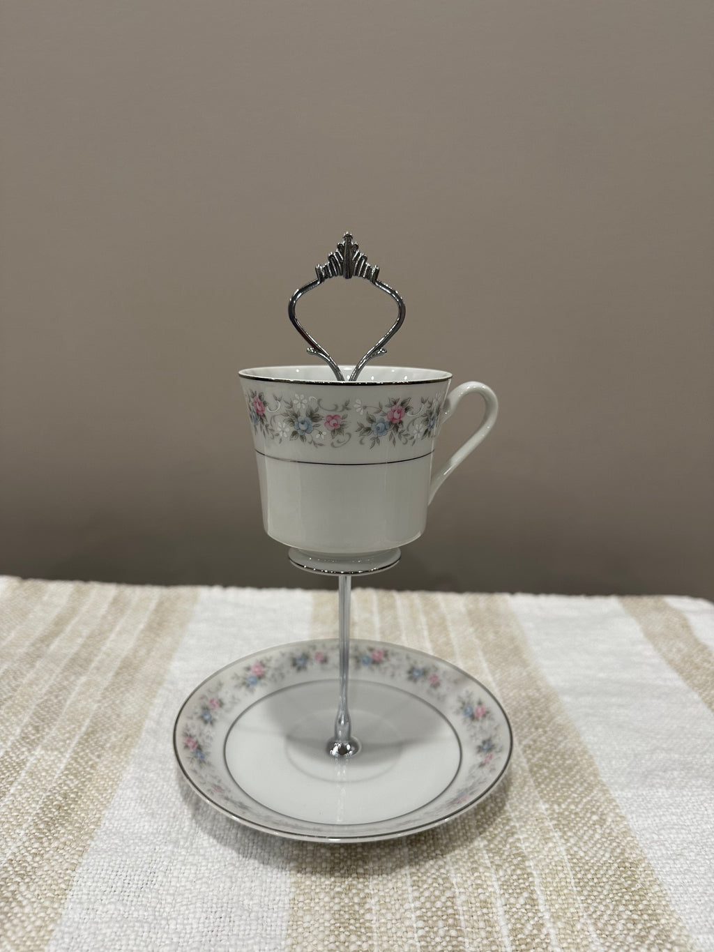 Vintage Two-Tier Plate Stand - Pink and Blue Florals with Silver Edging