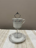 Vintage Two-Tier Plate Stand - Pink and Blue Florals with Silver Edging