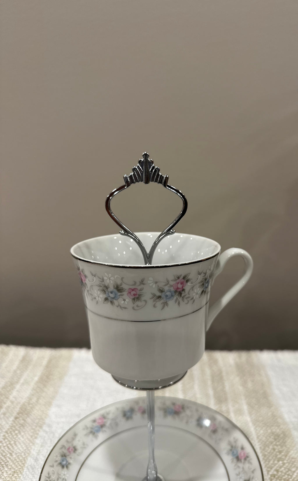 Vintage Two-Tier Plate Stand - Pink and Blue Florals with Silver Edging