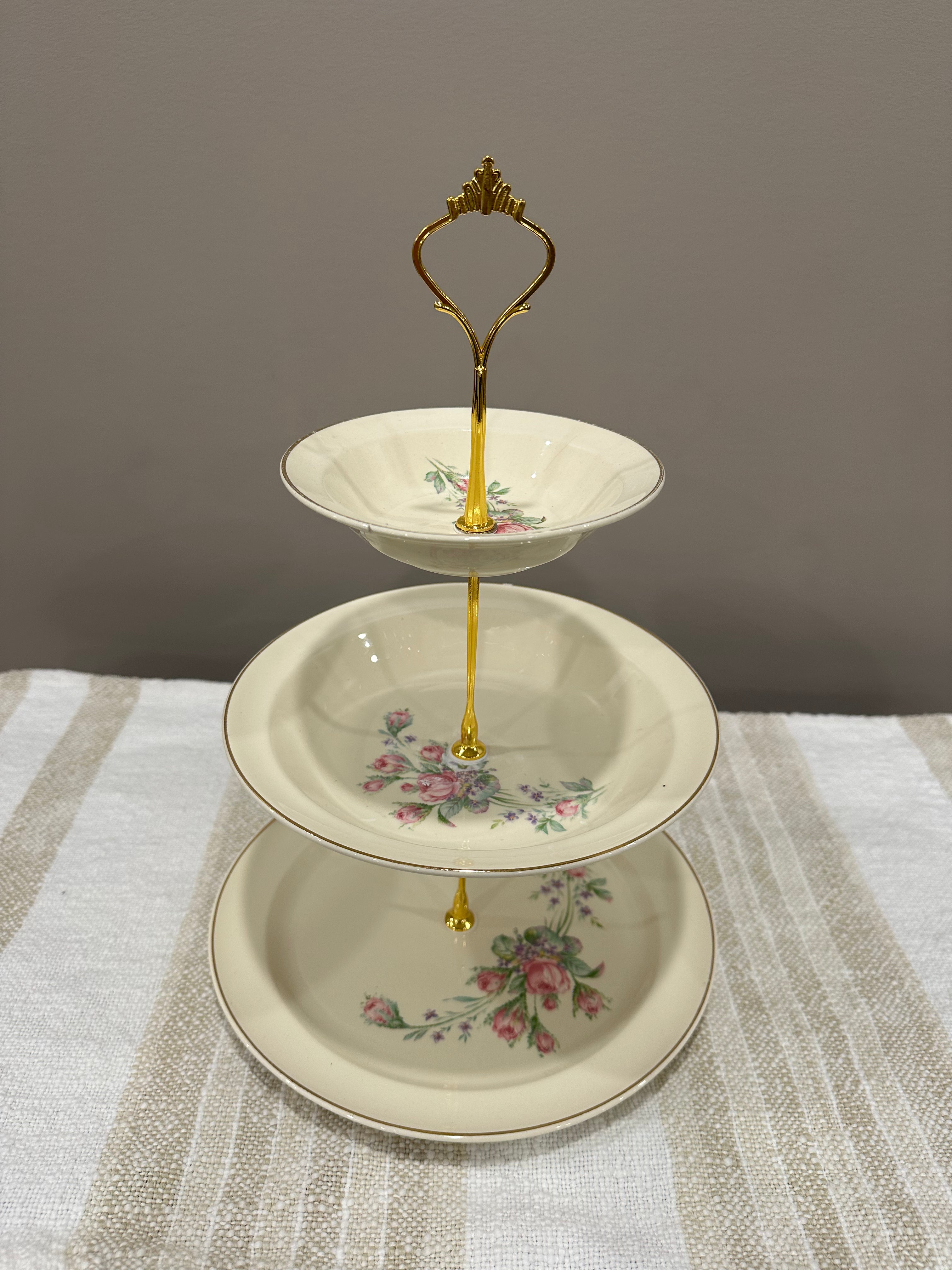 Vintage Three-Tier Plate Stand - Pink Florals and Gold Hardware