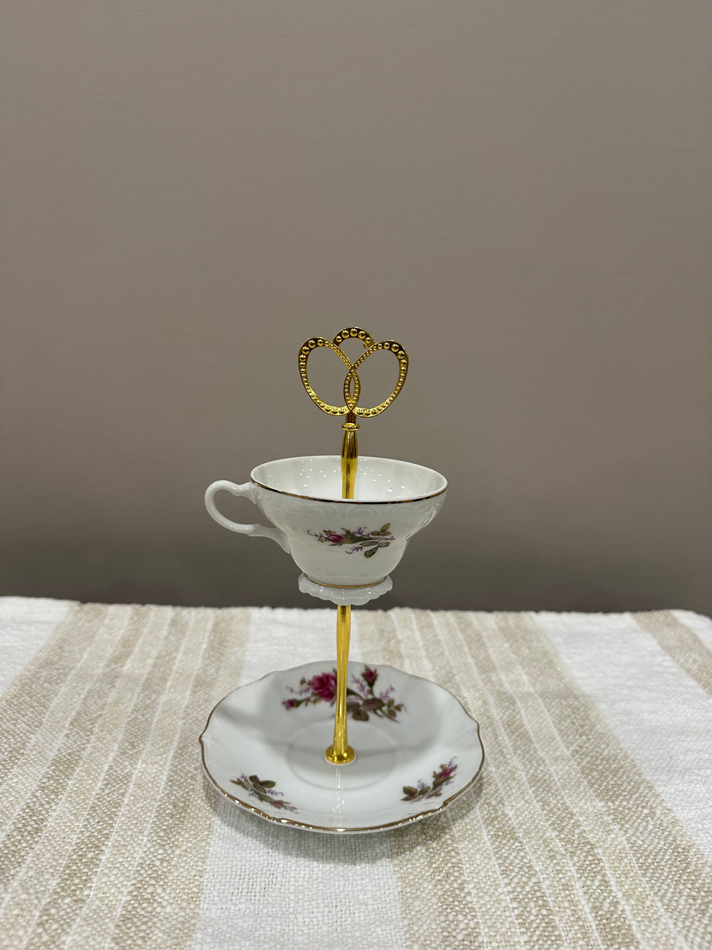 Vintage Two-Tier Plate Stand - Rose Florals with Gold Hardward