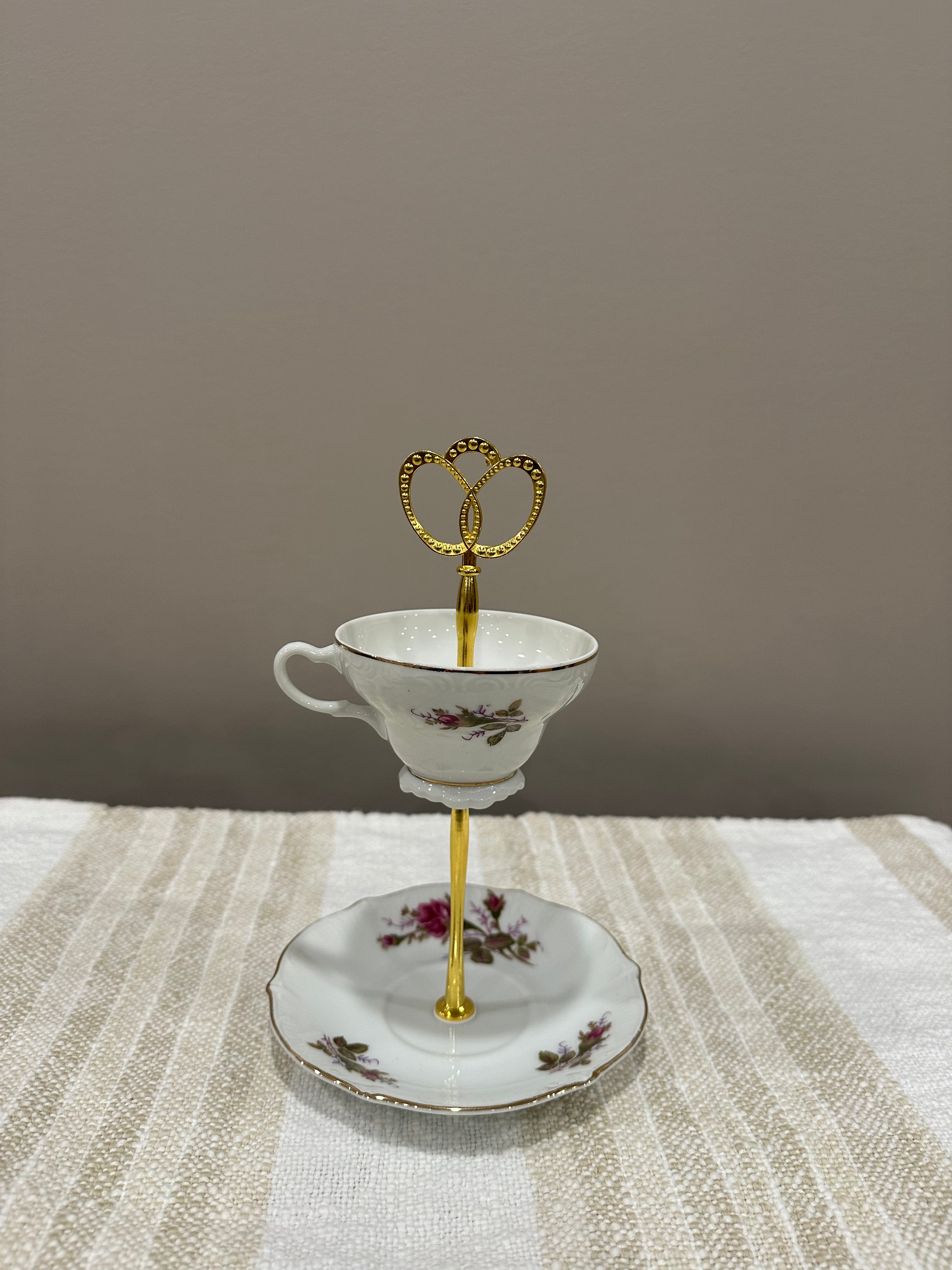 Vintage Two-Tier Plate Stand - Rose Florals with Gold Hardward
