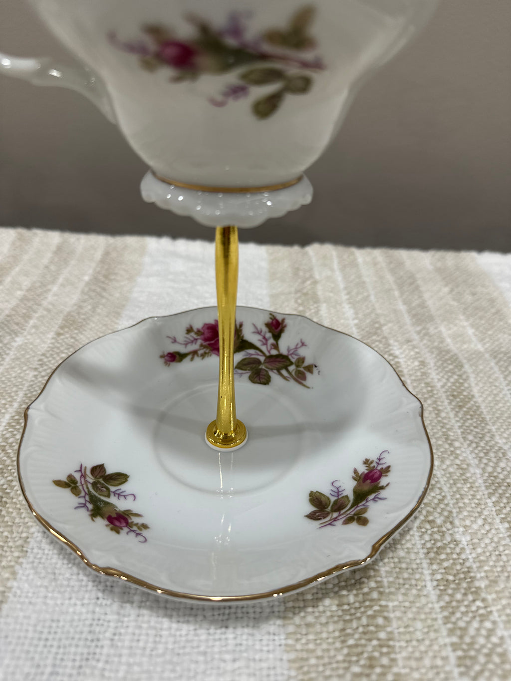 Vintage Two-Tier Plate Stand - Rose Florals with Gold Hardward