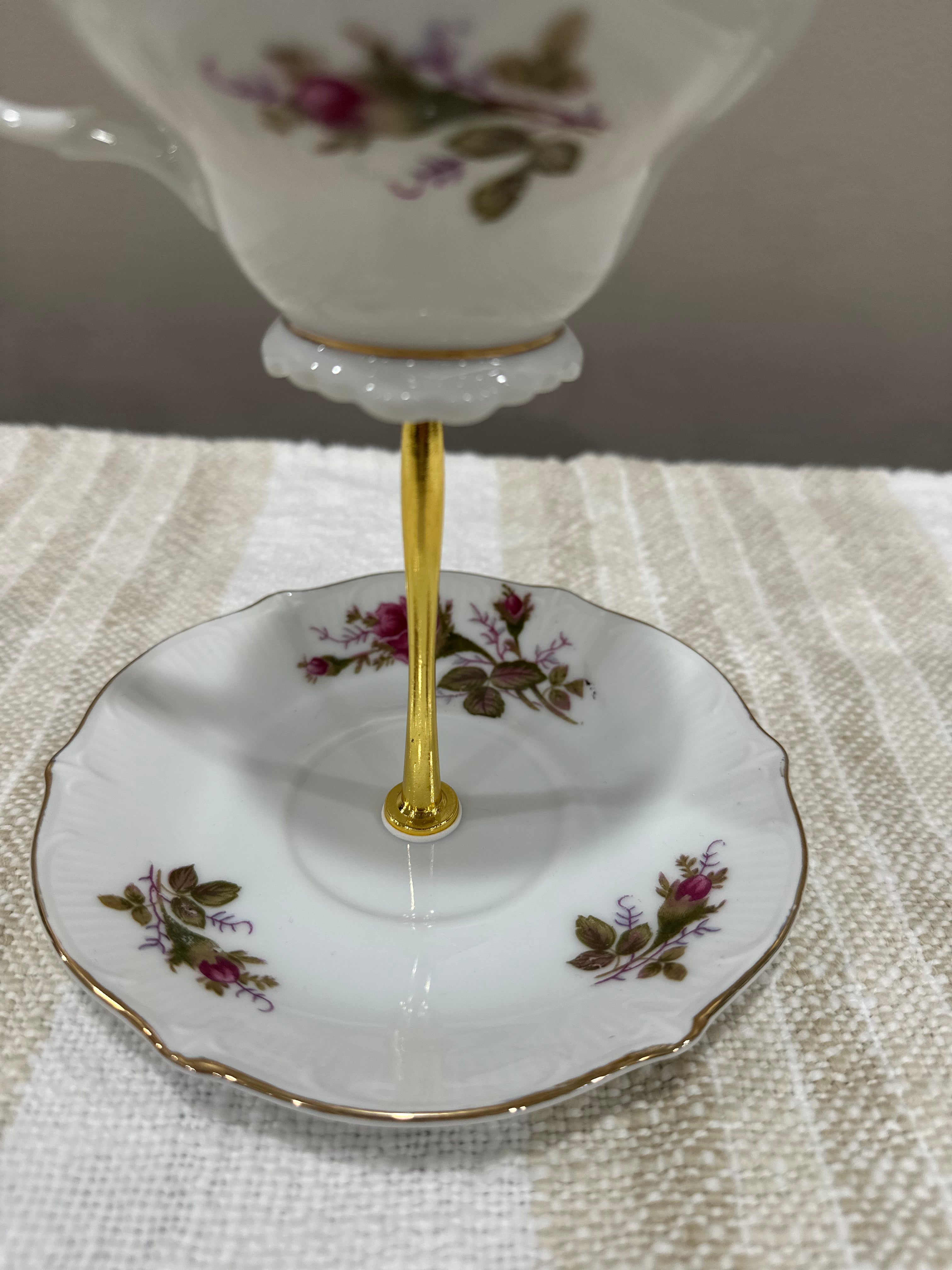 Vintage Two-Tier Plate Stand - Rose Florals with Gold Hardward