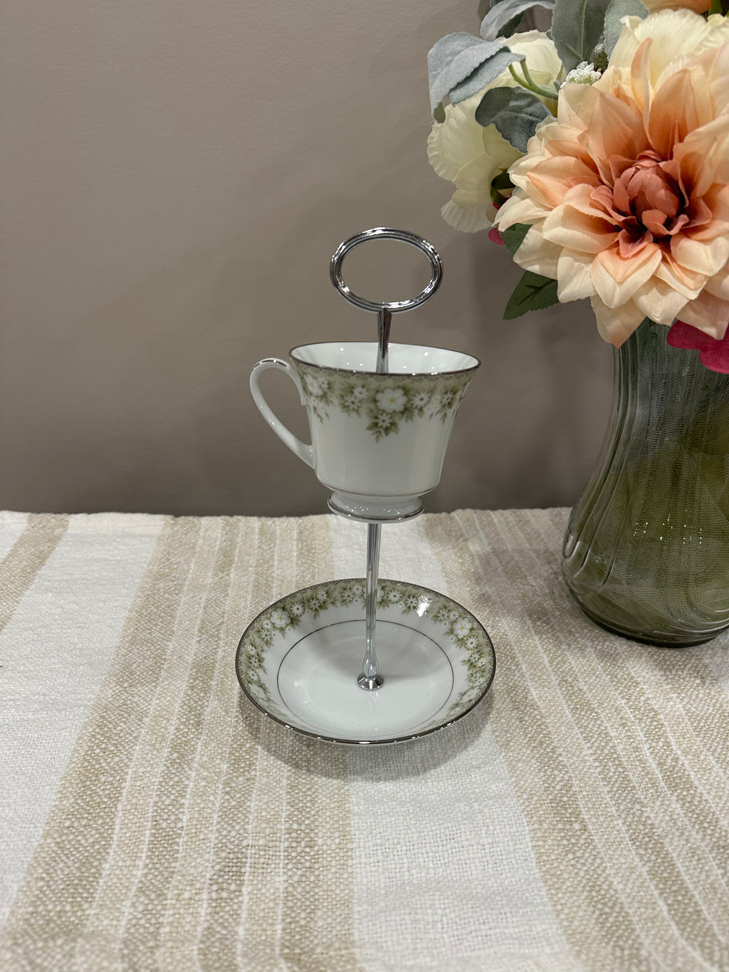 Vintage Two-Tier Plate Stand - Green and White Florals with Silver Hardware