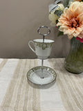 Vintage Two-Tier Plate Stand - Green and White Florals with Silver Hardware